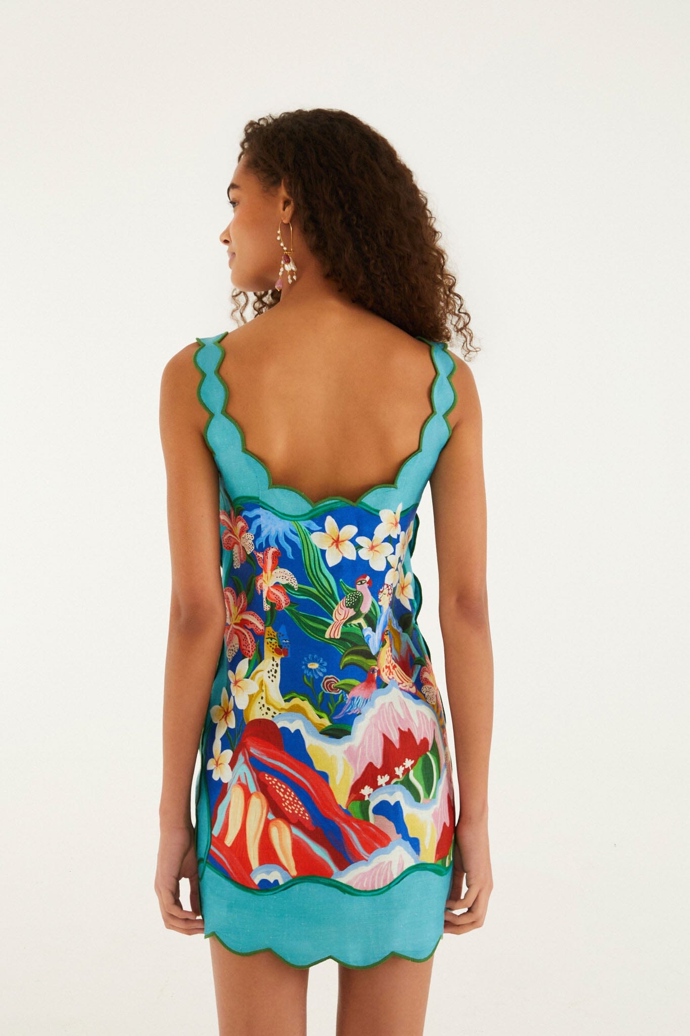 FARM Rio model wearing the Multicolor Garden Of Life Scarf Scallop Mini Dress