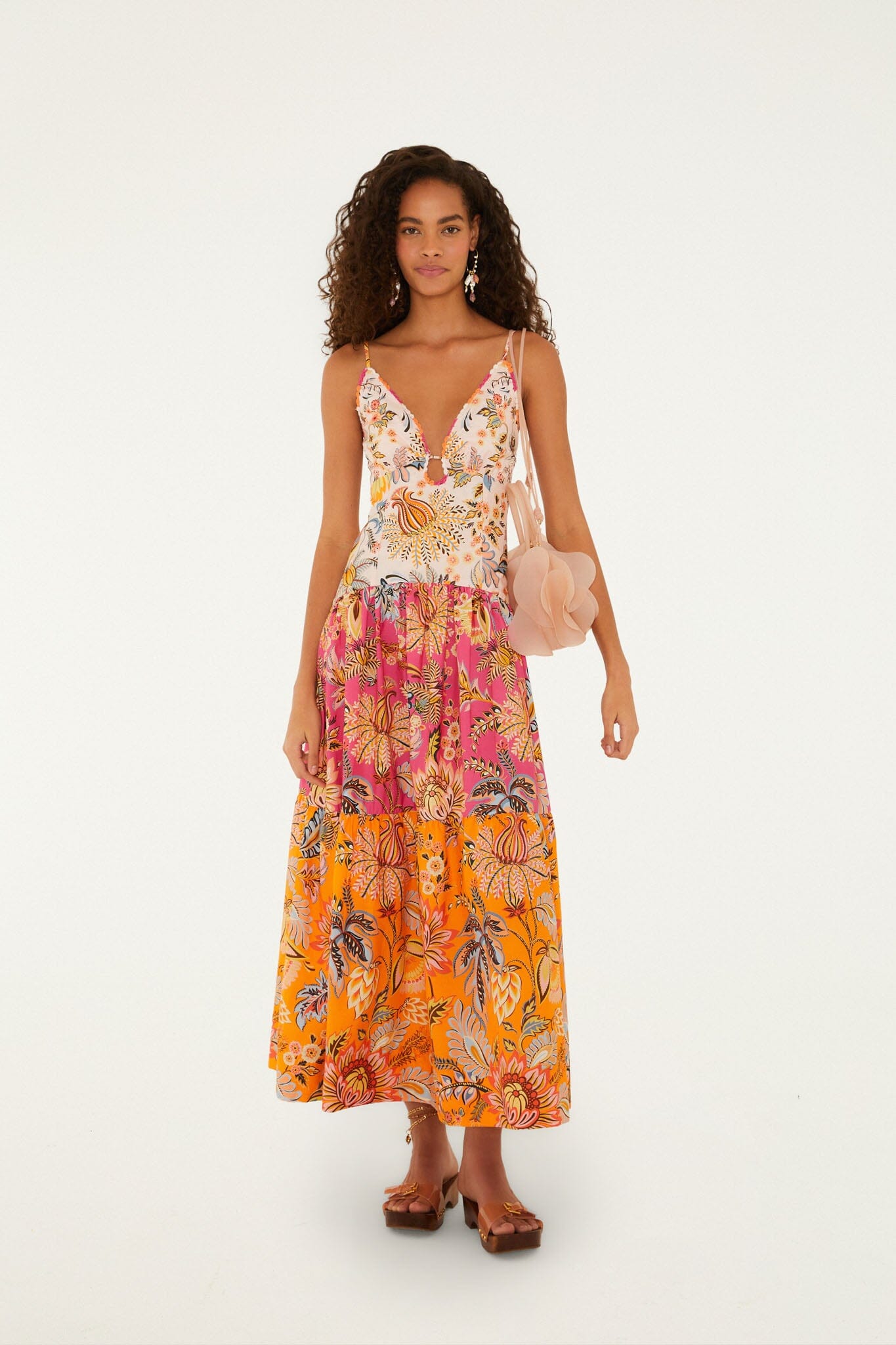 FARM Rio model wearing the Multicolor Ligia Floral Mix Organic Cotton Maxi Dress