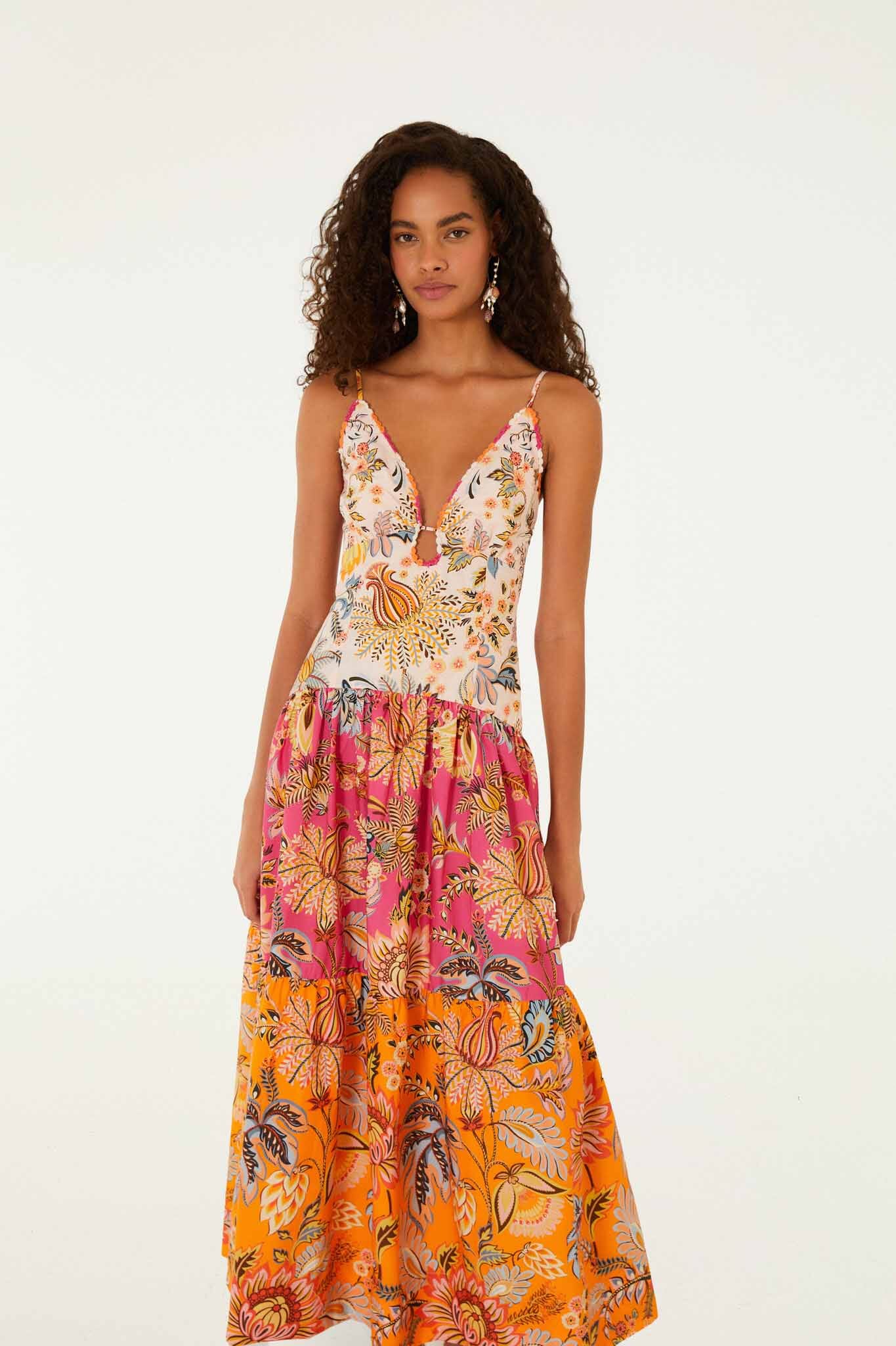 FARM Rio model wearing the Multicolor Ligia Floral Mix Organic Cotton Maxi Dress