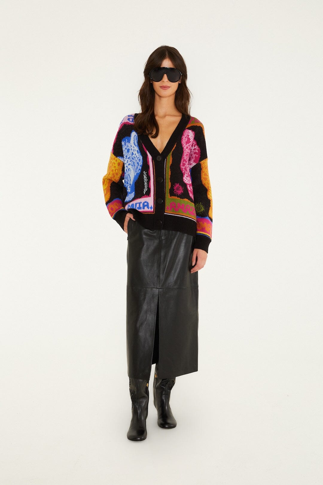 FARM Rio model wearing the Multicolor Panthers Buttoned Knit Cardigan