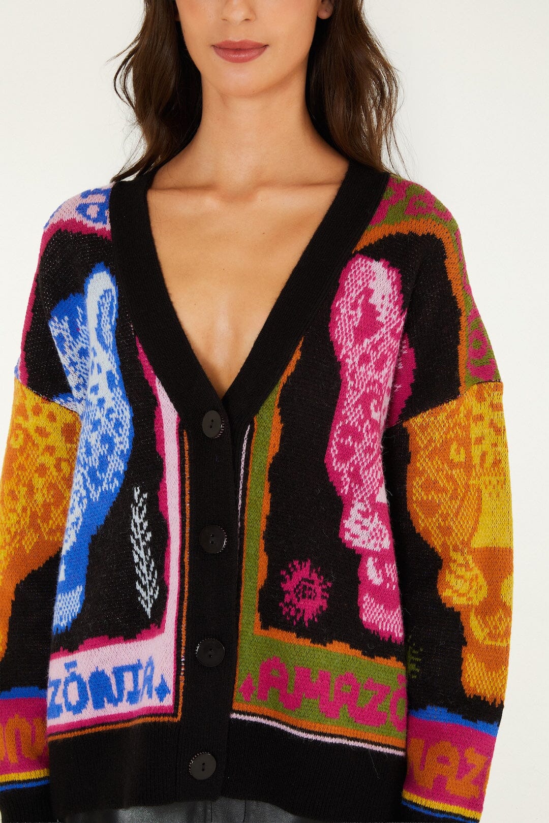 FARM Rio model wearing the Multicolor Panthers Buttoned Knit Cardigan