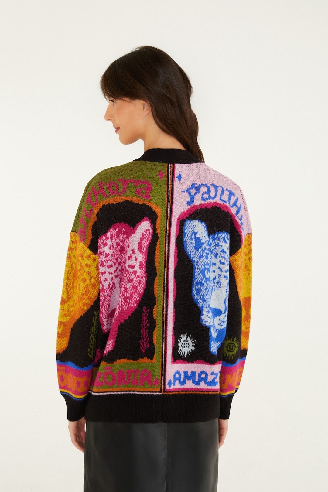 FARM Rio model wearing the Multicolor Panthers Buttoned Knit Cardigan