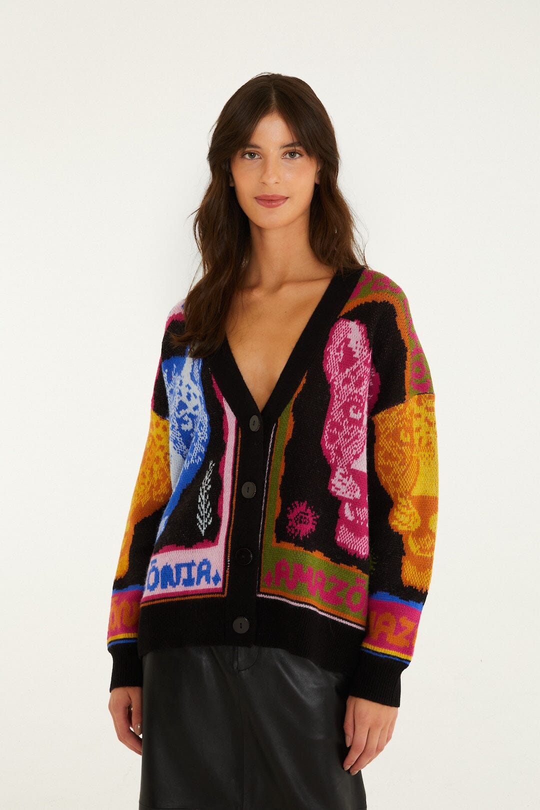 FARM Rio model wearing the Multicolor Panthers Buttoned Knit Cardigan