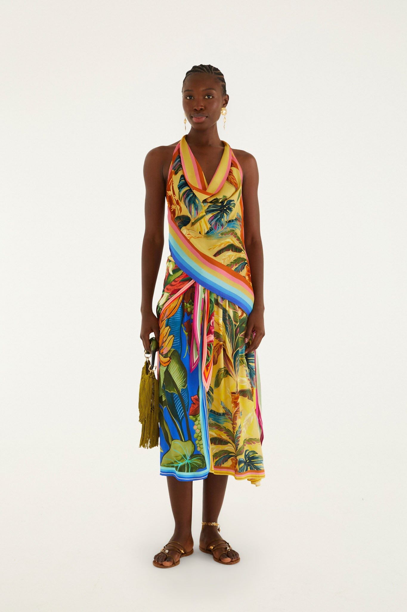 FARM Rio model wearing the Multicolor Rainbow Summer Scarf Lenzing Ecovero Viscose Blouse