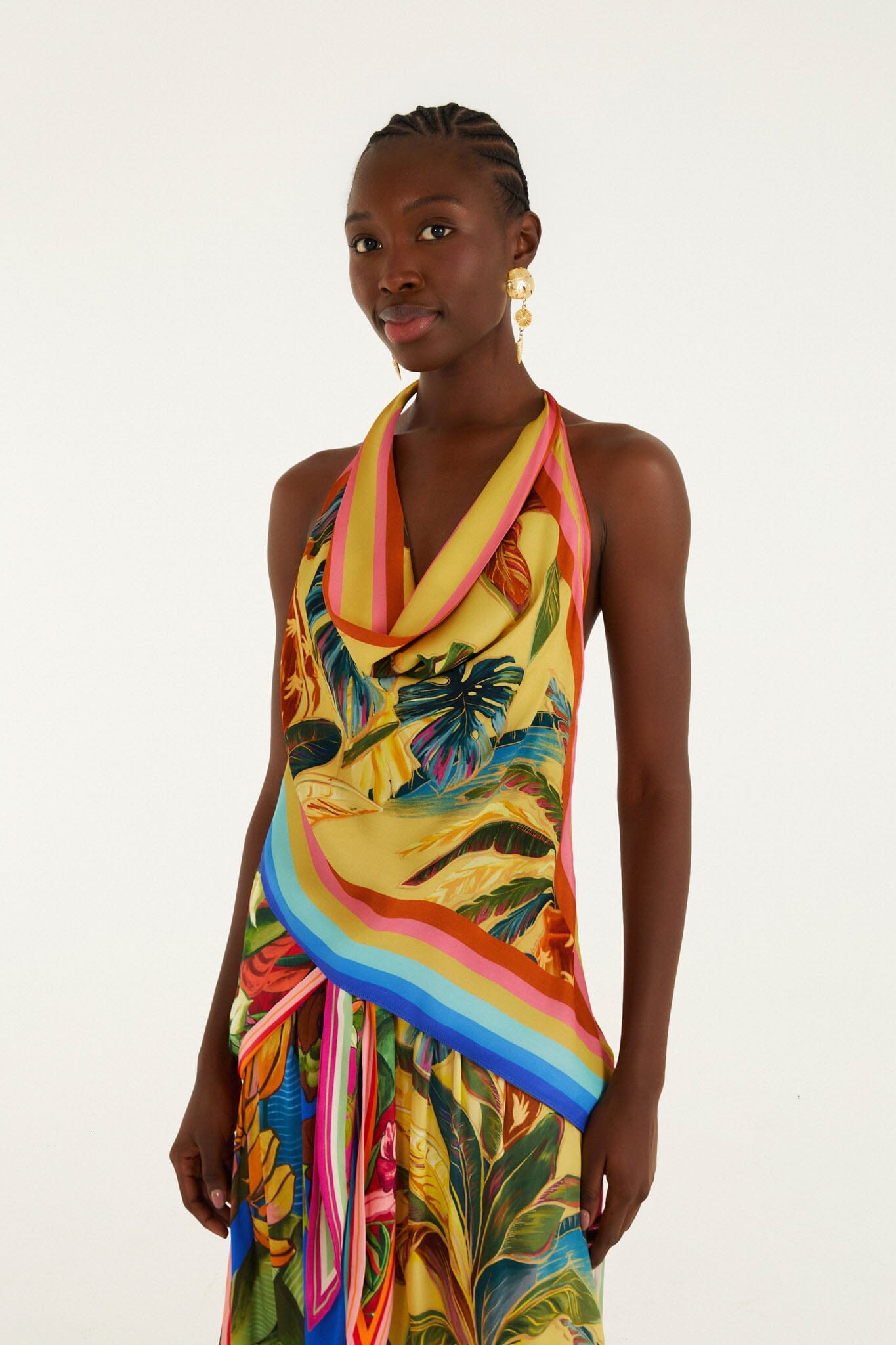FARM Rio model wearing the Multicolor Rainbow Summer Scarf Lenzing Ecovero Viscose Blouse