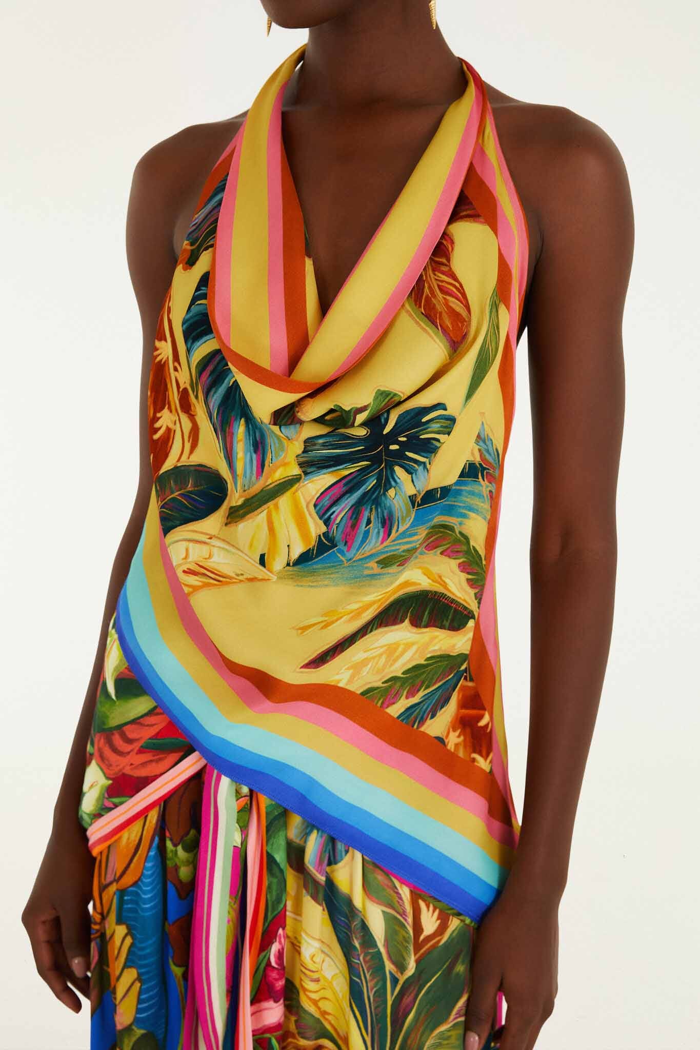 FARM Rio model wearing the Multicolor Rainbow Summer Scarf Lenzing Ecovero Viscose Blouse