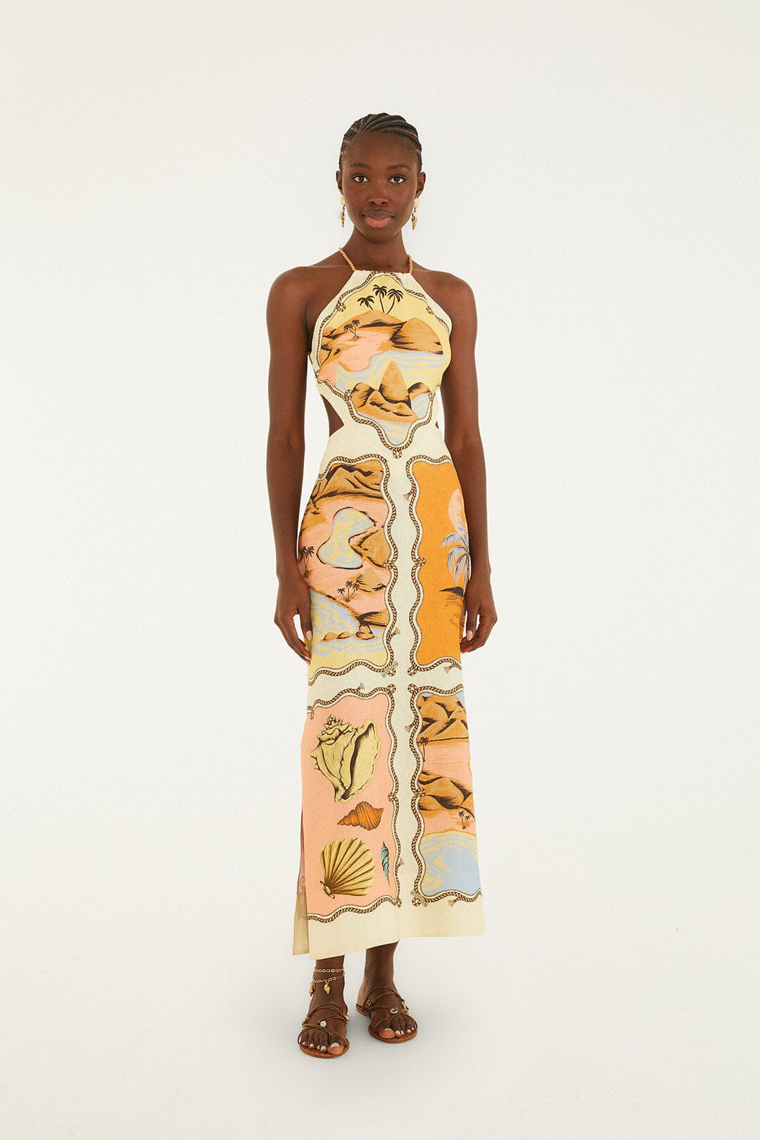 FARM Rio model wearing the Multicolor Rio Souvenir Scarves Rope Straps Maxi Dress