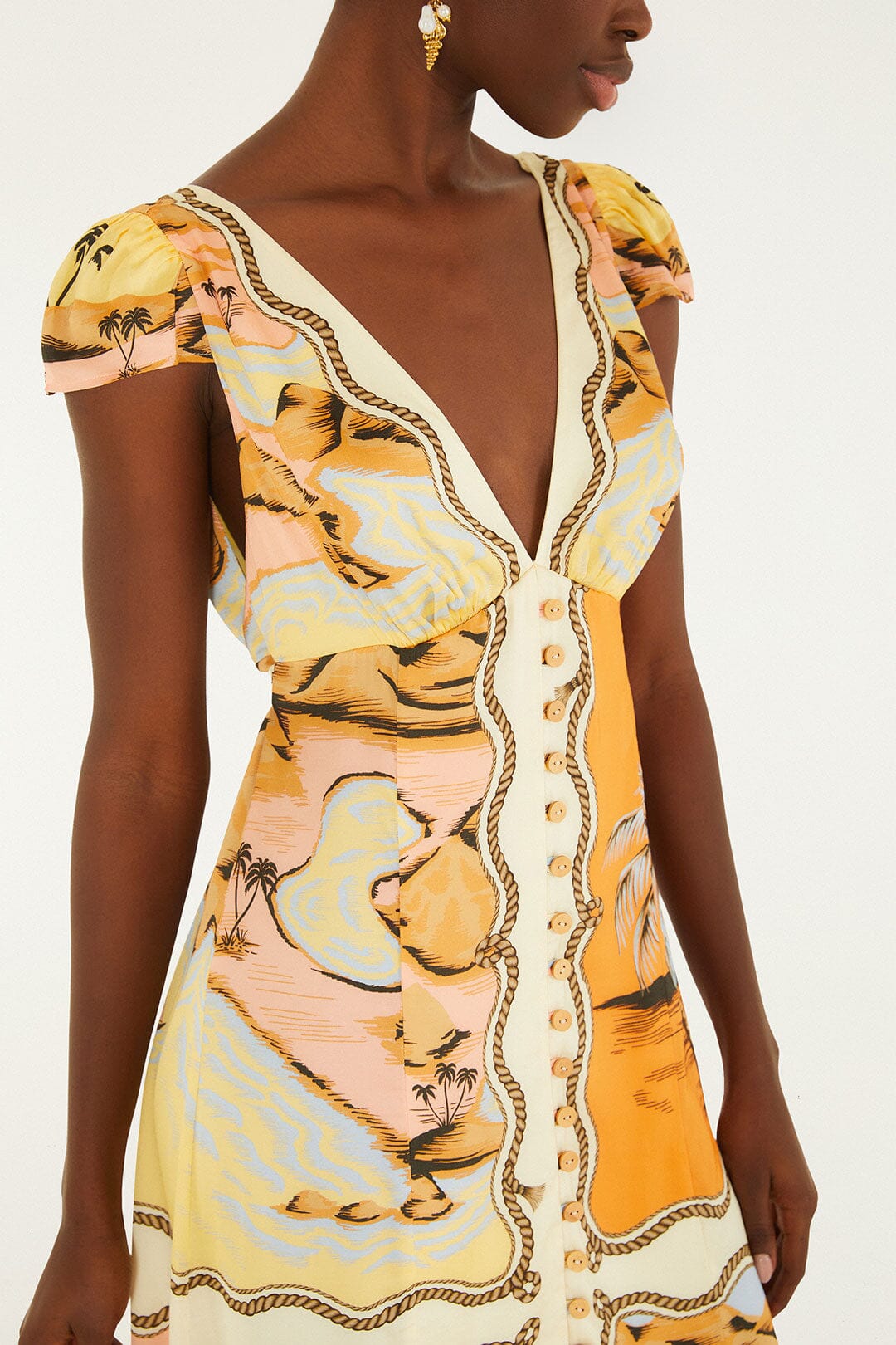 FARM Rio model wearing the Multicolor Rio Souvenir Scarves Satin Midi Dress