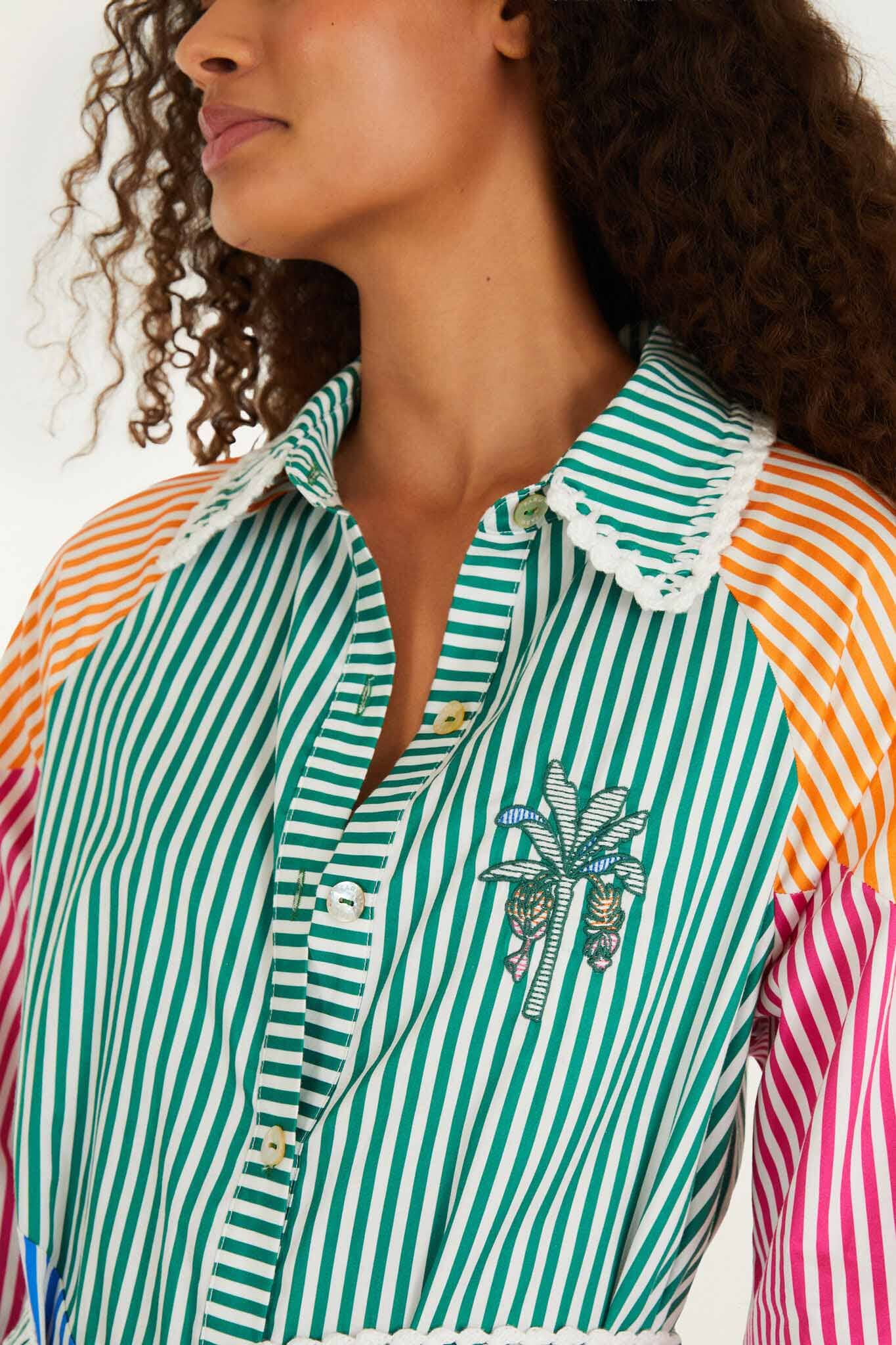 FARM Rio Multicolor Stripes Embroidered Belted Organic Cotton Midi Dress, MULTI / XL FARM Rio Multicolor Stripes Embroidered Belted Organic Cotton Midi Dress, MULTI / XL