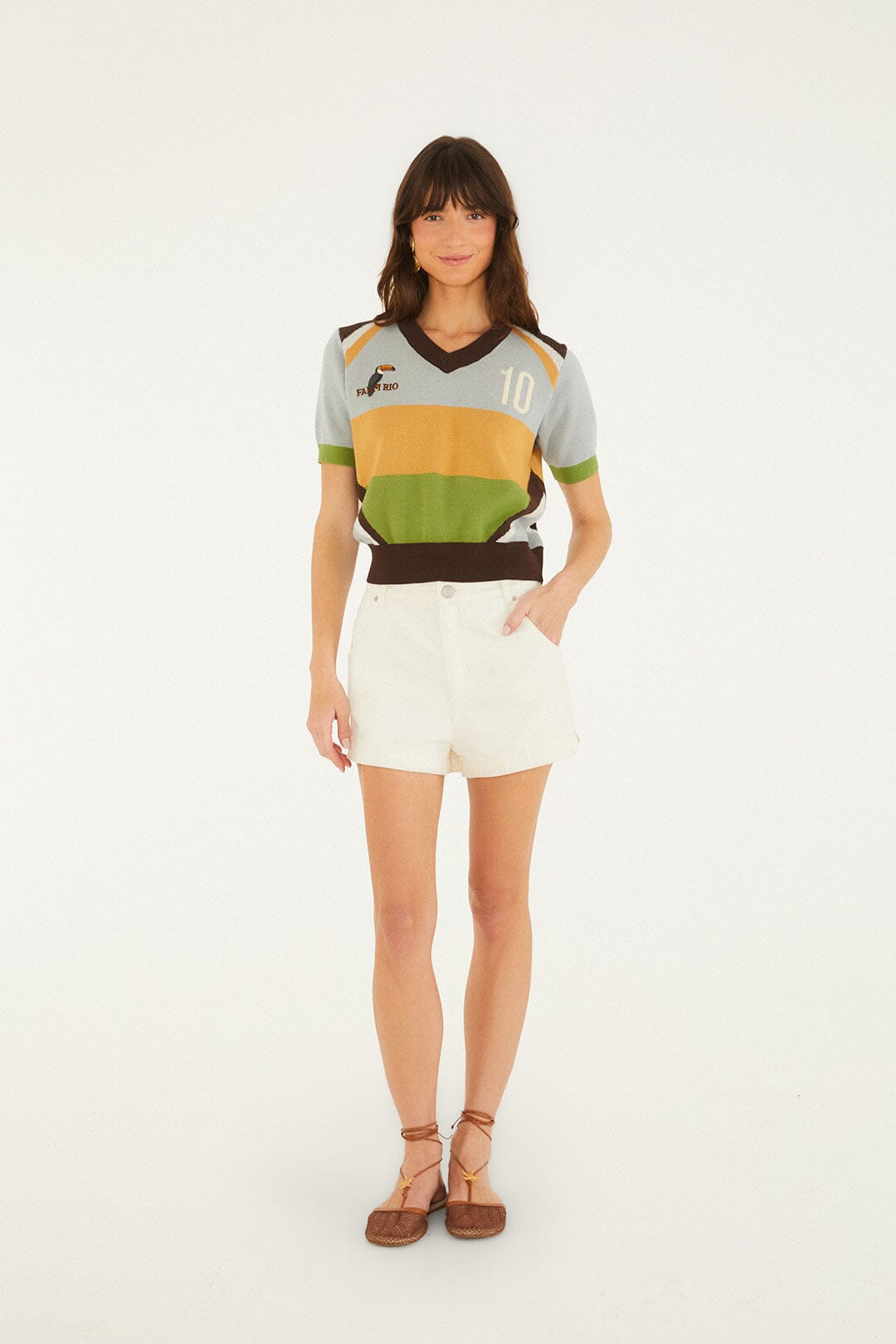 FARM Rio model wearing the Multicolor Toucan Short Sleeve Knit Top