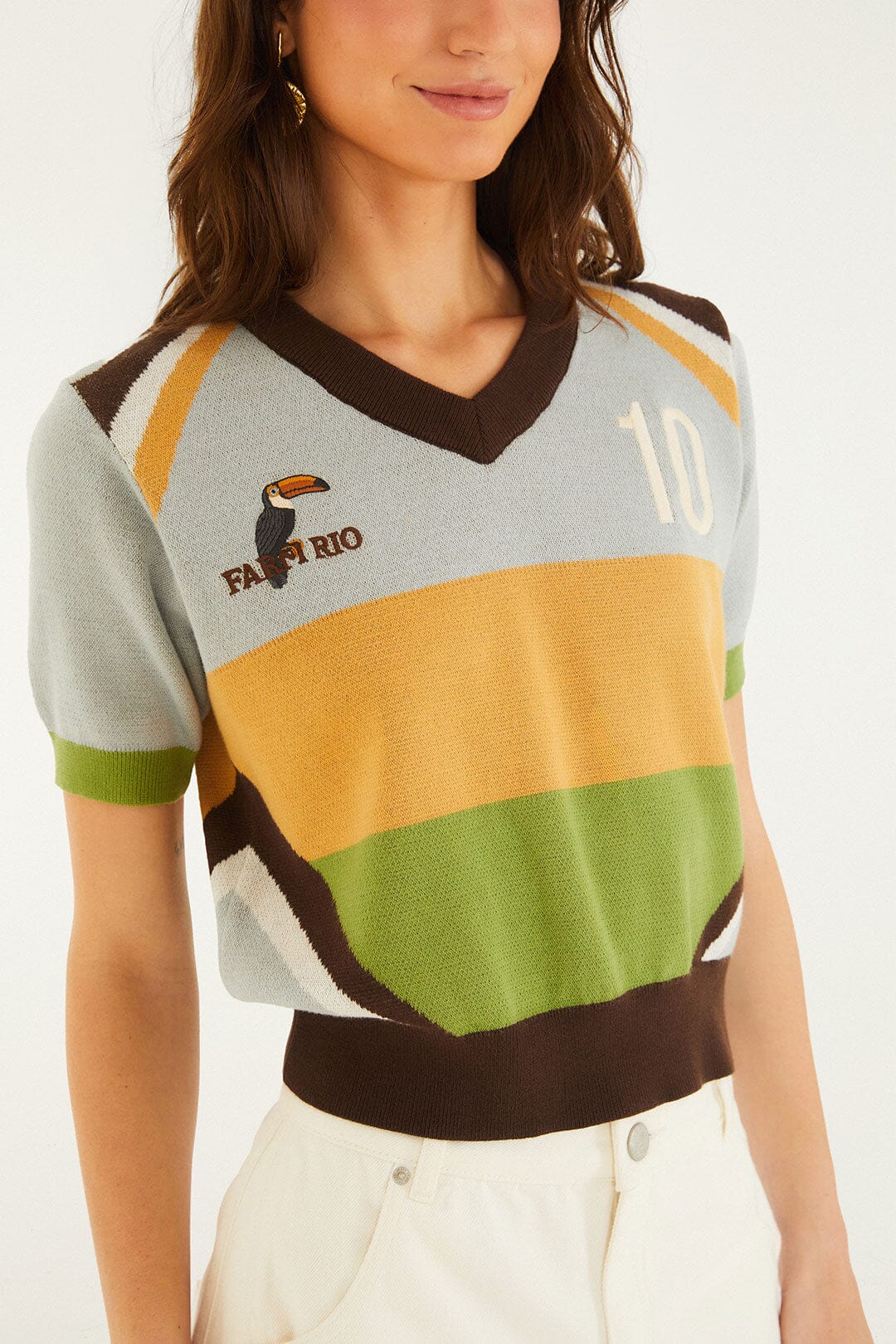 FARM Rio model wearing the Multicolor Toucan Short Sleeve Knit Top