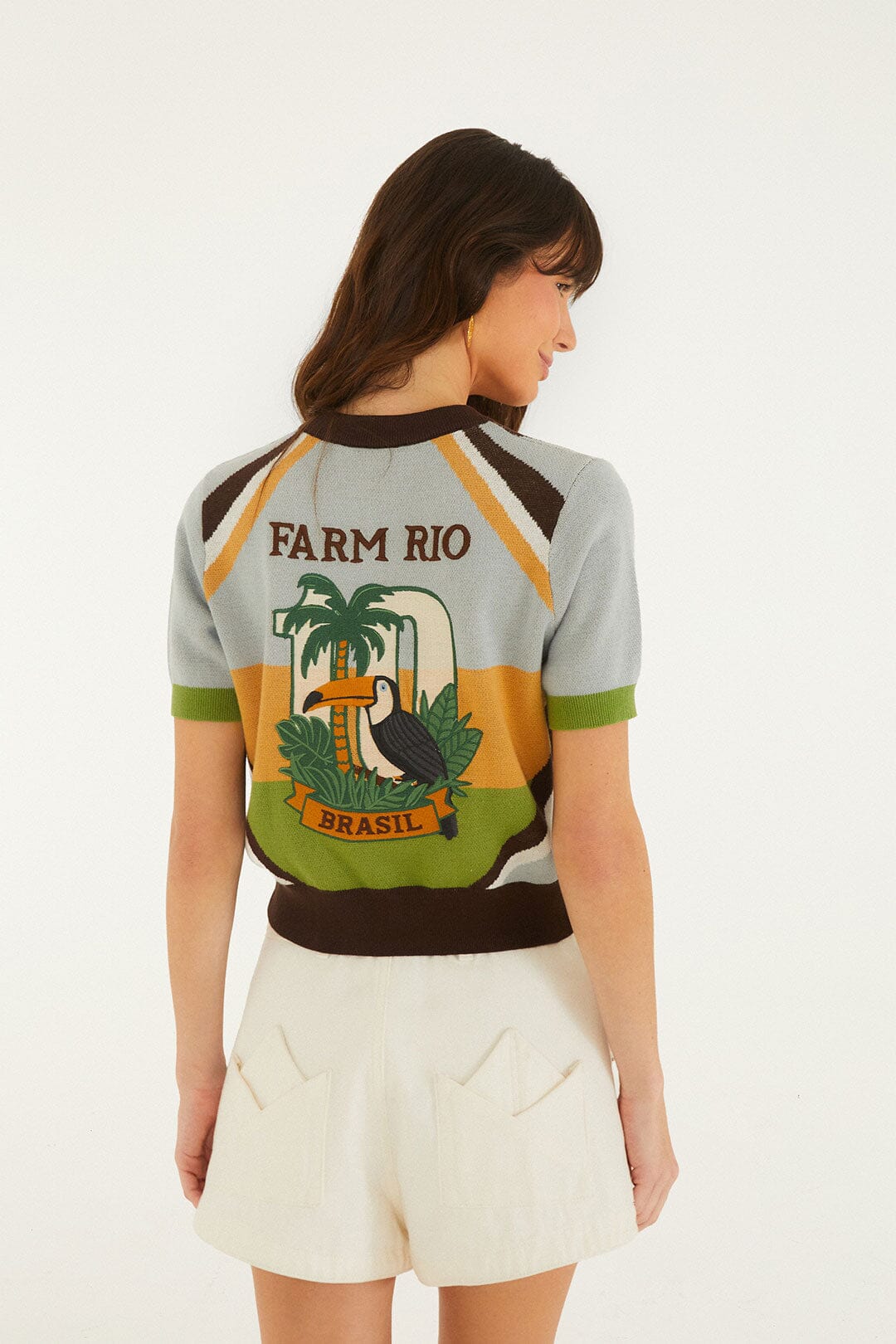 FARM Rio model wearing the Multicolor Toucan Short Sleeve Knit Top