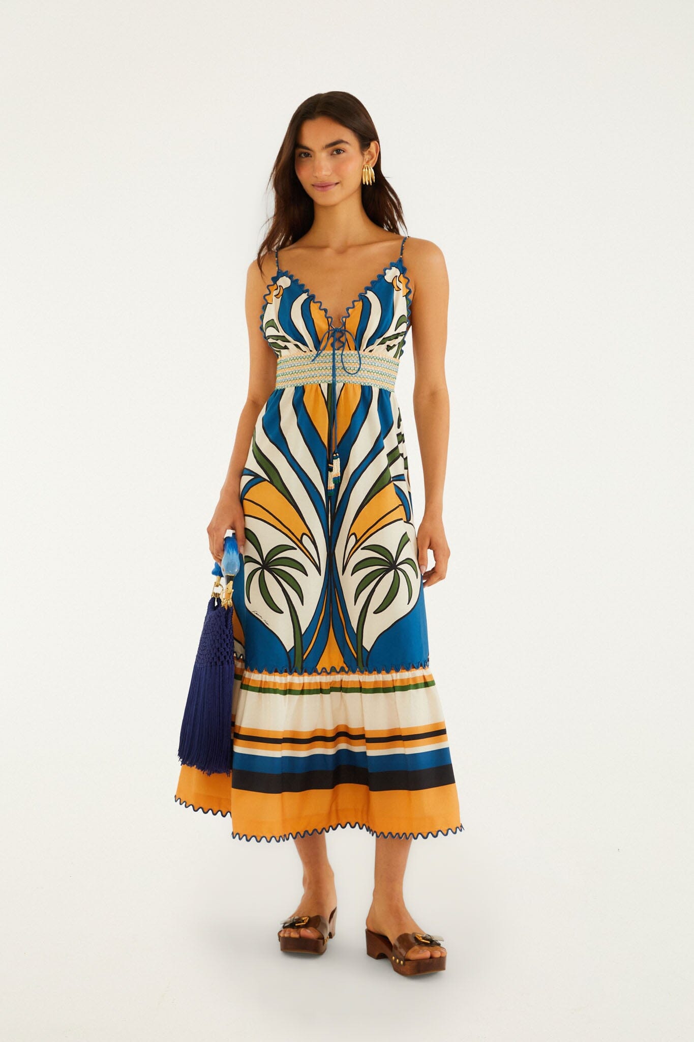 FARM Rio model wearing the Multicolor Tropical Graphic Wavy Detail Maxi Dress