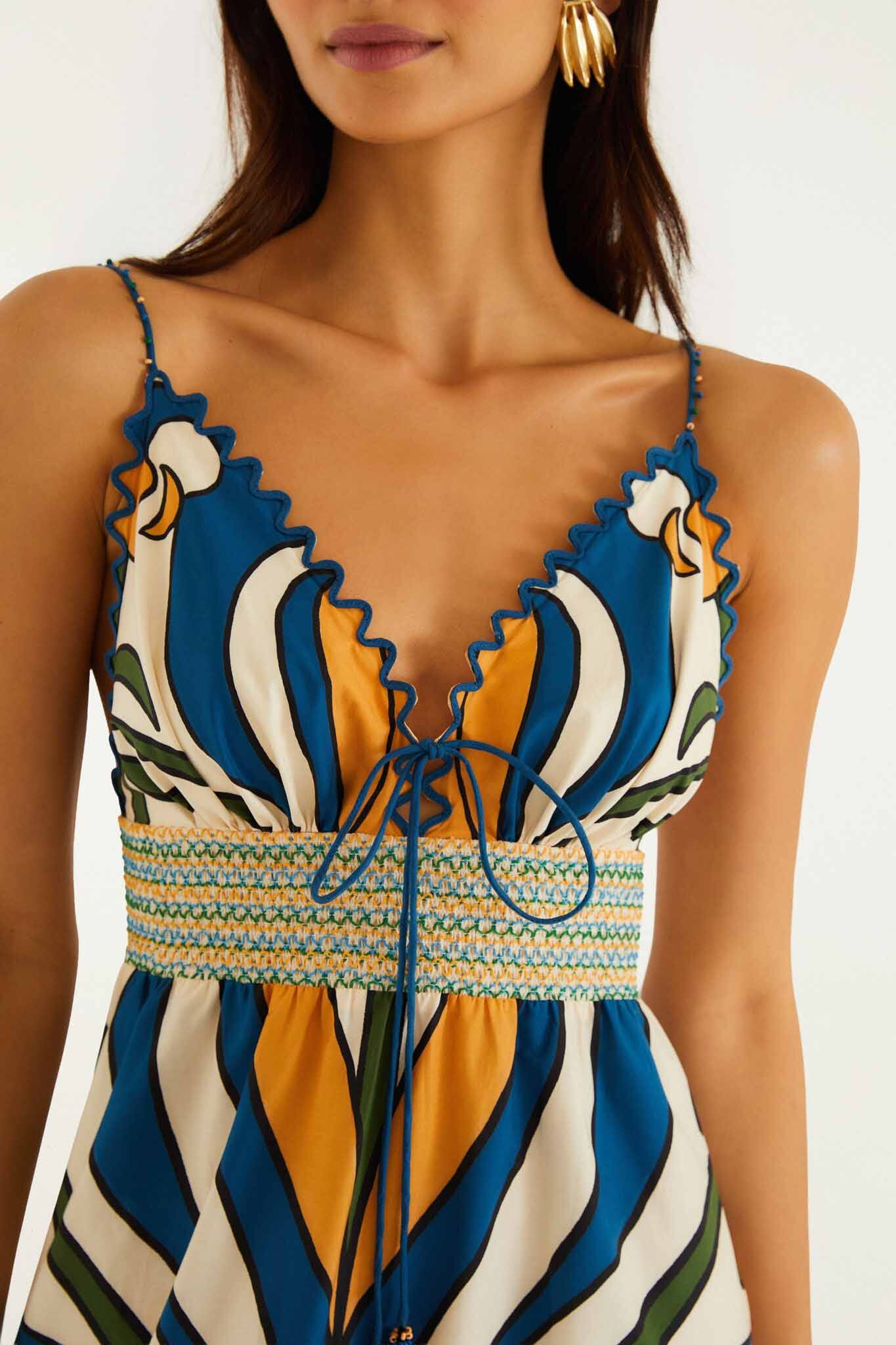 FARM Rio model wearing the Multicolor Tropical Graphic Wavy Detail Maxi Dress
