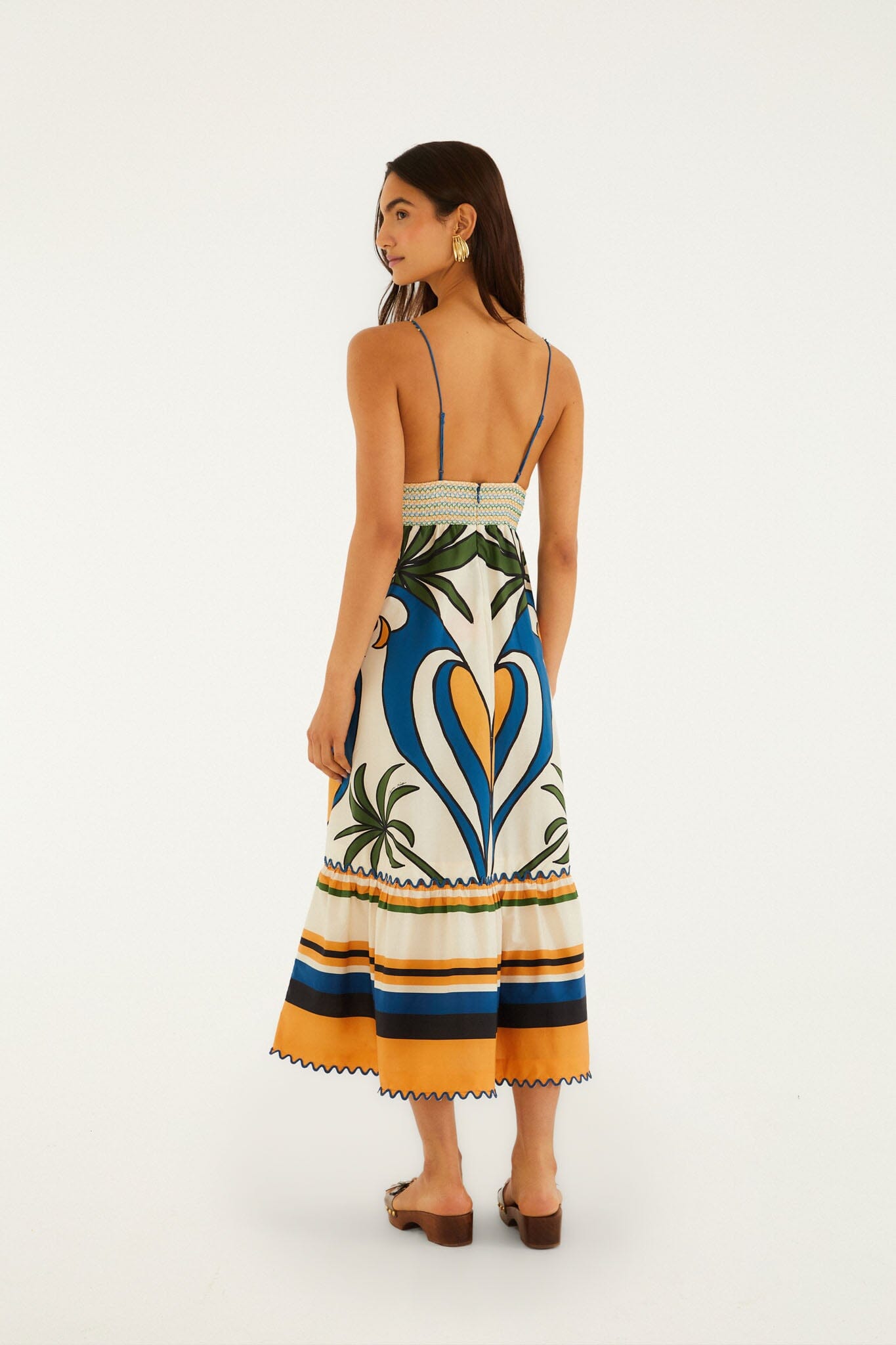 FARM Rio model wearing the Multicolor Tropical Graphic Wavy Detail Maxi Dress