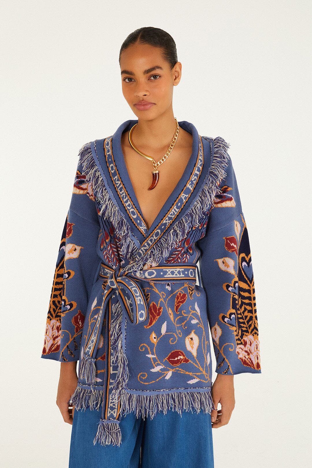 FARM Rio model wearing the Mystical Paradise Layer Knit Kimono