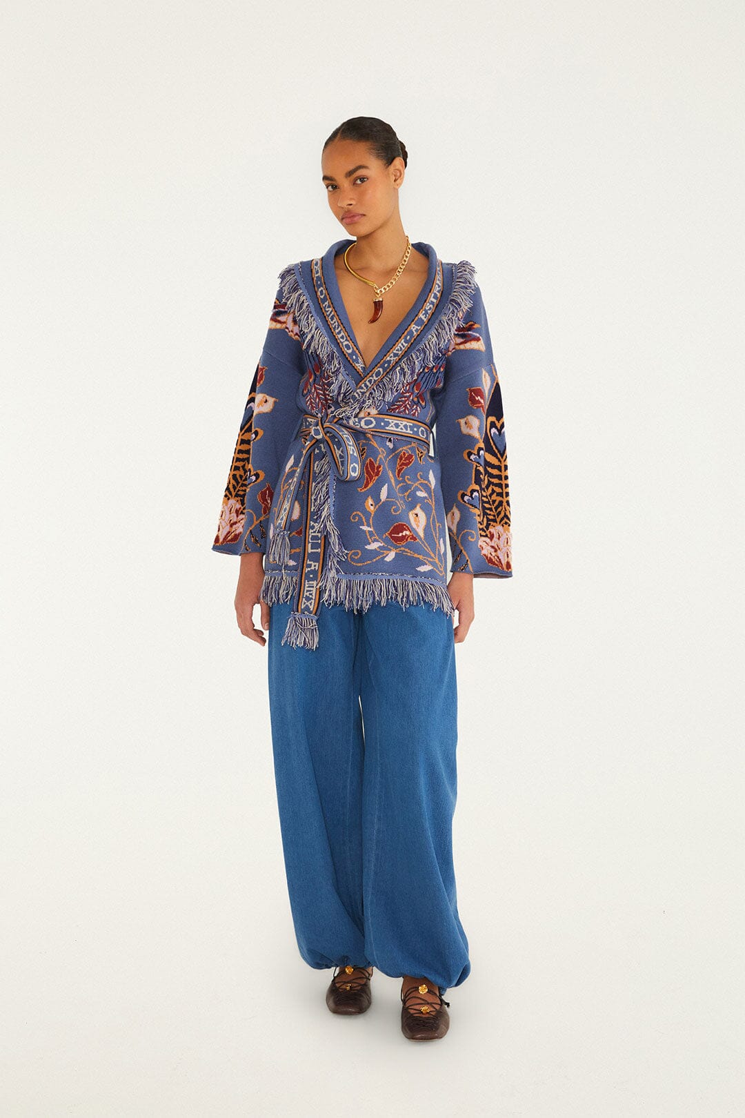 FARM Rio model wearing the Mystical Paradise Layer Knit Kimono