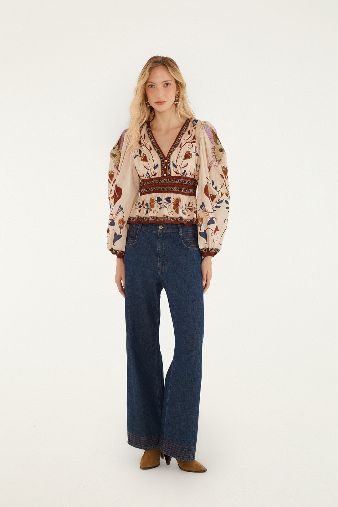 FARM Rio model wearing the Mystical Paradise Long Sleeve Blouse