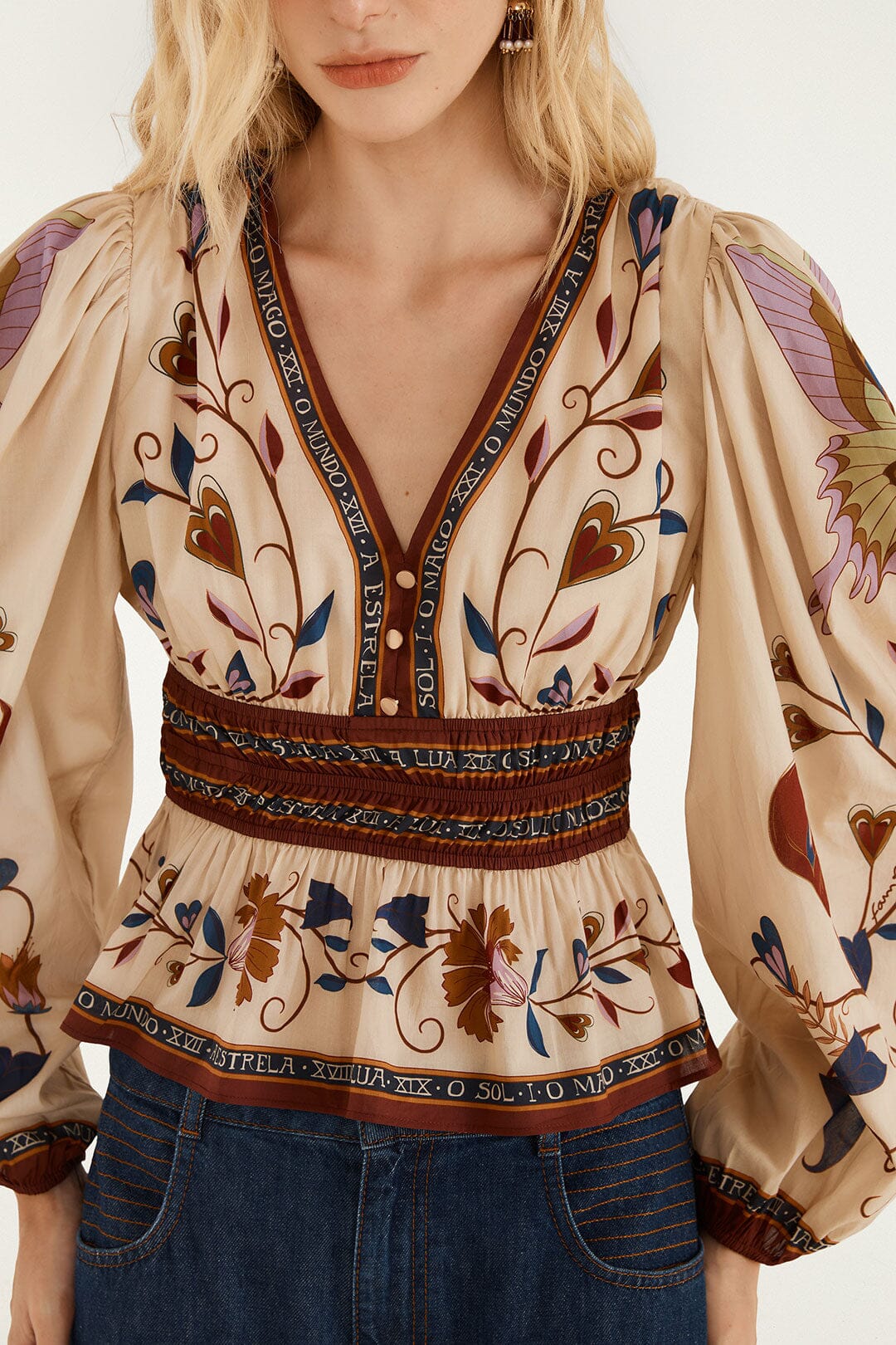 FARM Rio model wearing the Mystical Paradise Long Sleeve Blouse