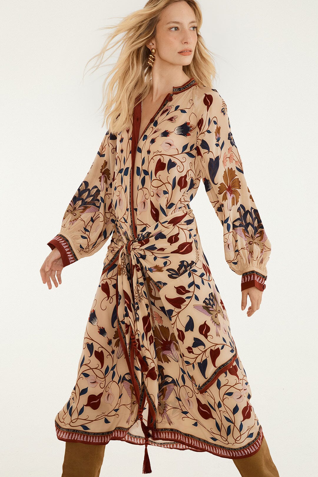 FARM Rio model wearing the Mystical Paradise Long Sleeve Midi Dress