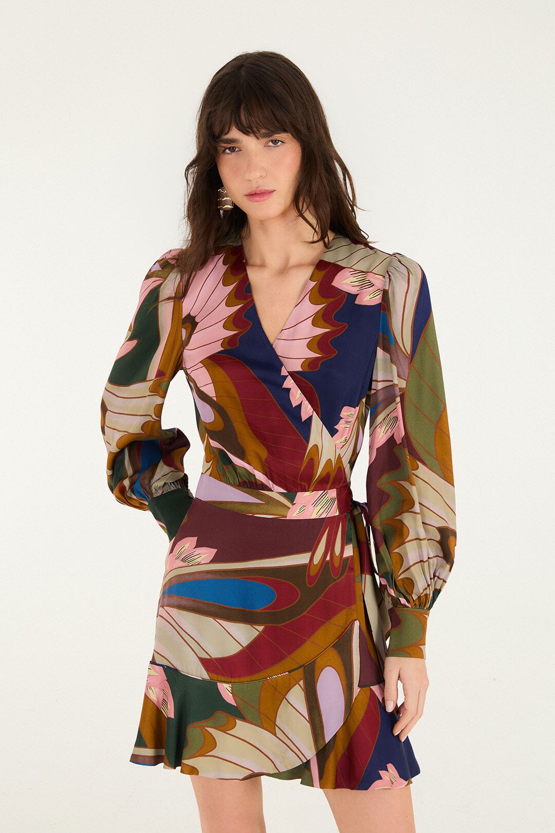 FARM Rio model wearing the Mystical Paradise Long Sleeve Mini Dress