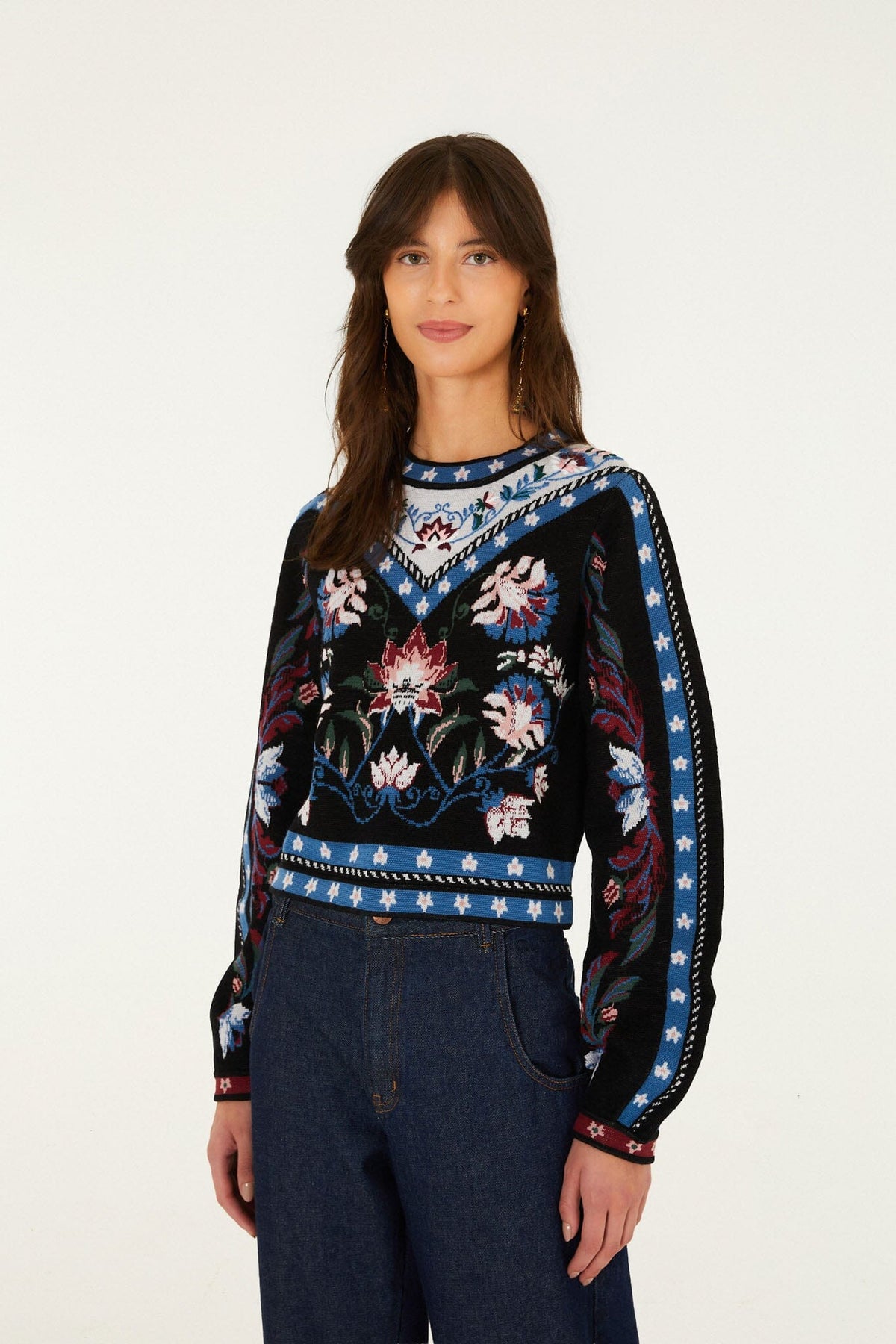 FARM Rio model wearing the Natalia Crew Neck Knit Sweater