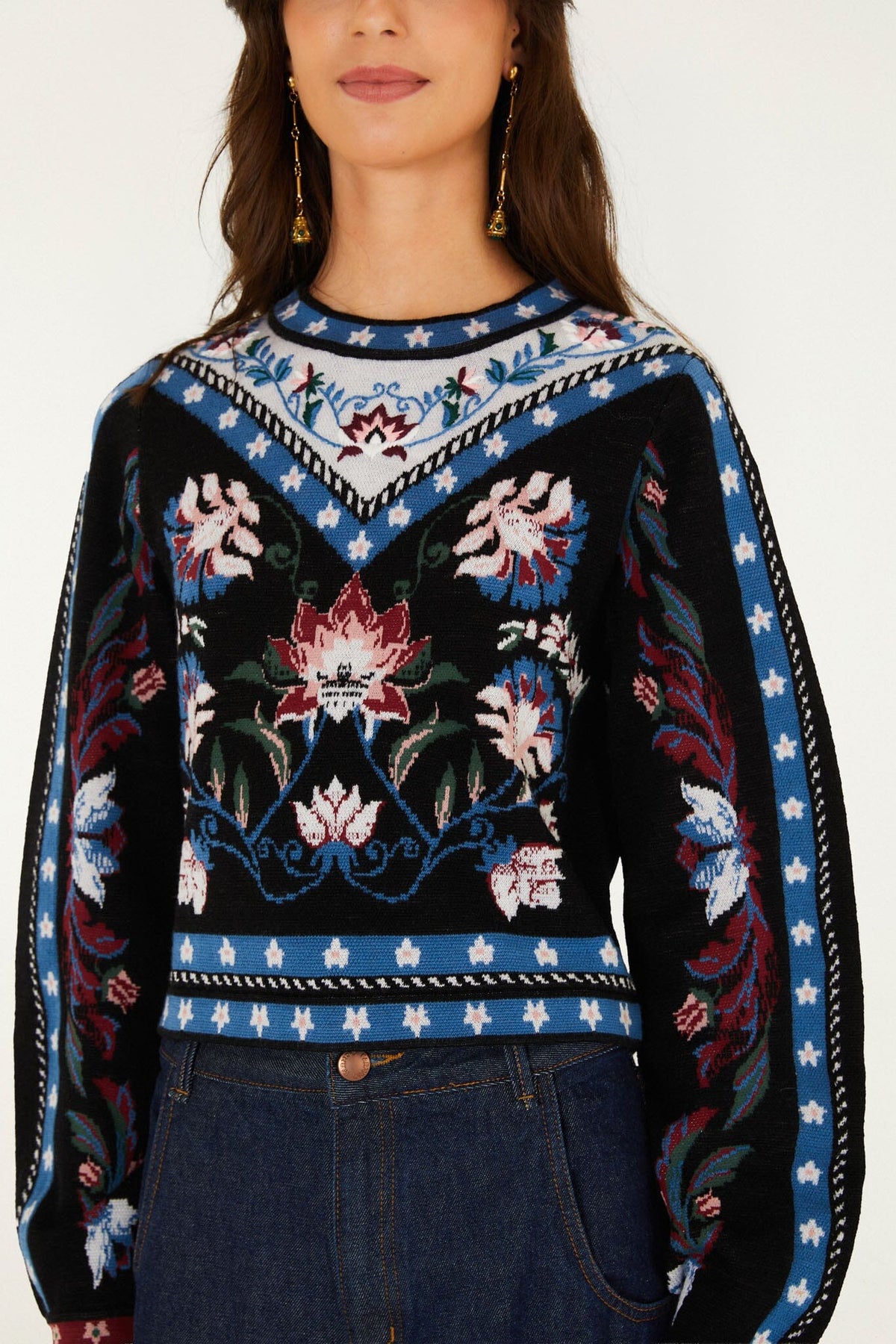 FARM Rio model wearing the Natalia Crew Neck Knit Sweater
