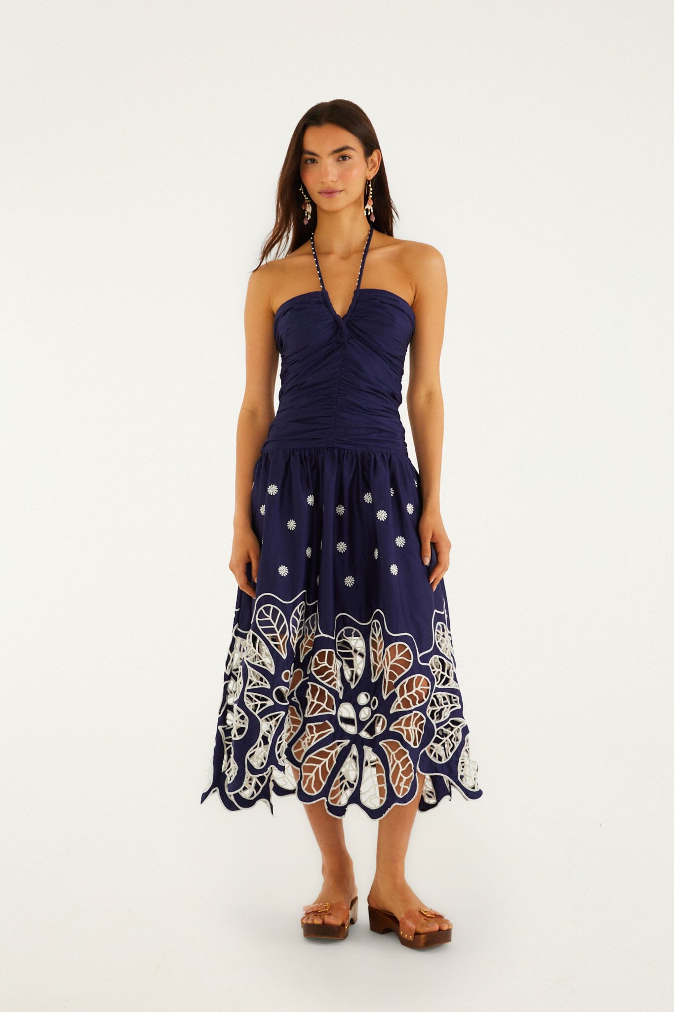 navy blue embroidered richelieu midi dress