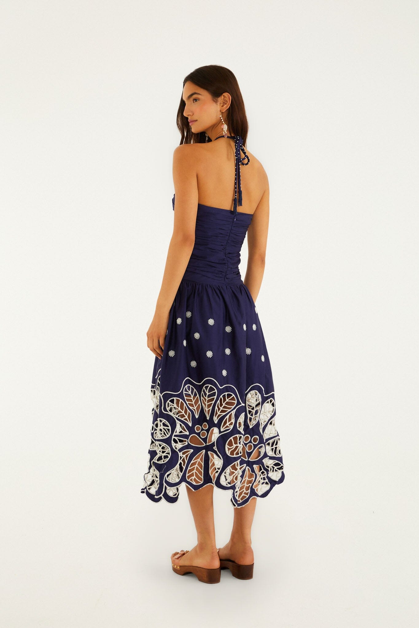 FARM Rio model wearing the Navy Blue Embroidered Richelieu Midi Dress