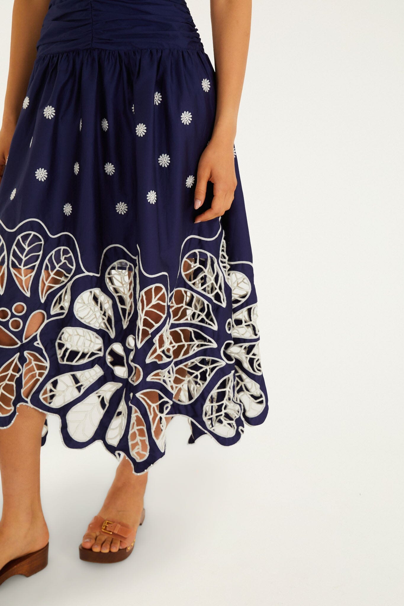 FARM Rio model wearing the Navy Blue Embroidered Richelieu Midi Dress
