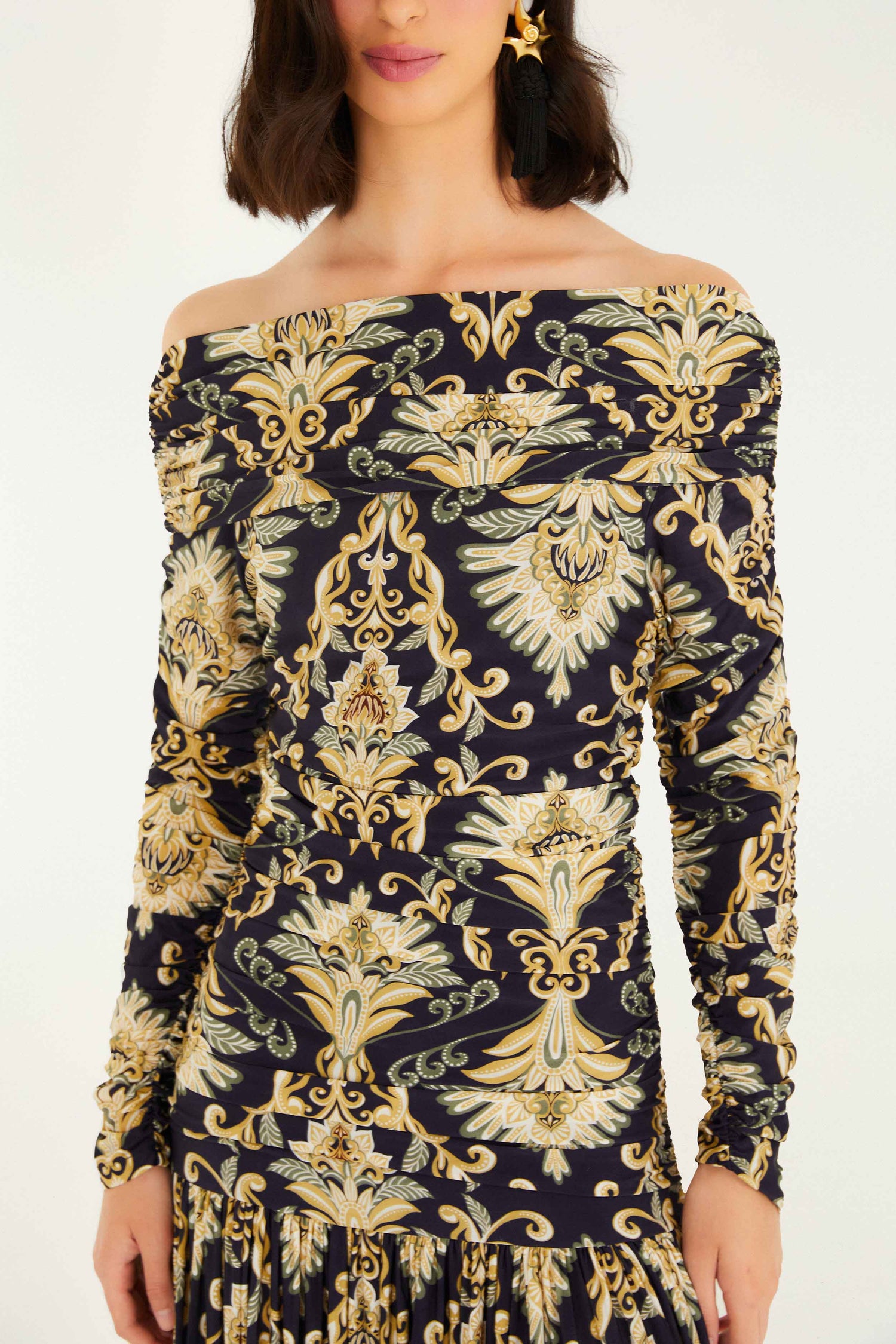 FARM Rio model wearing the Navy Blue Wonderful Arabesque Off-Shoulder Maxi Dress