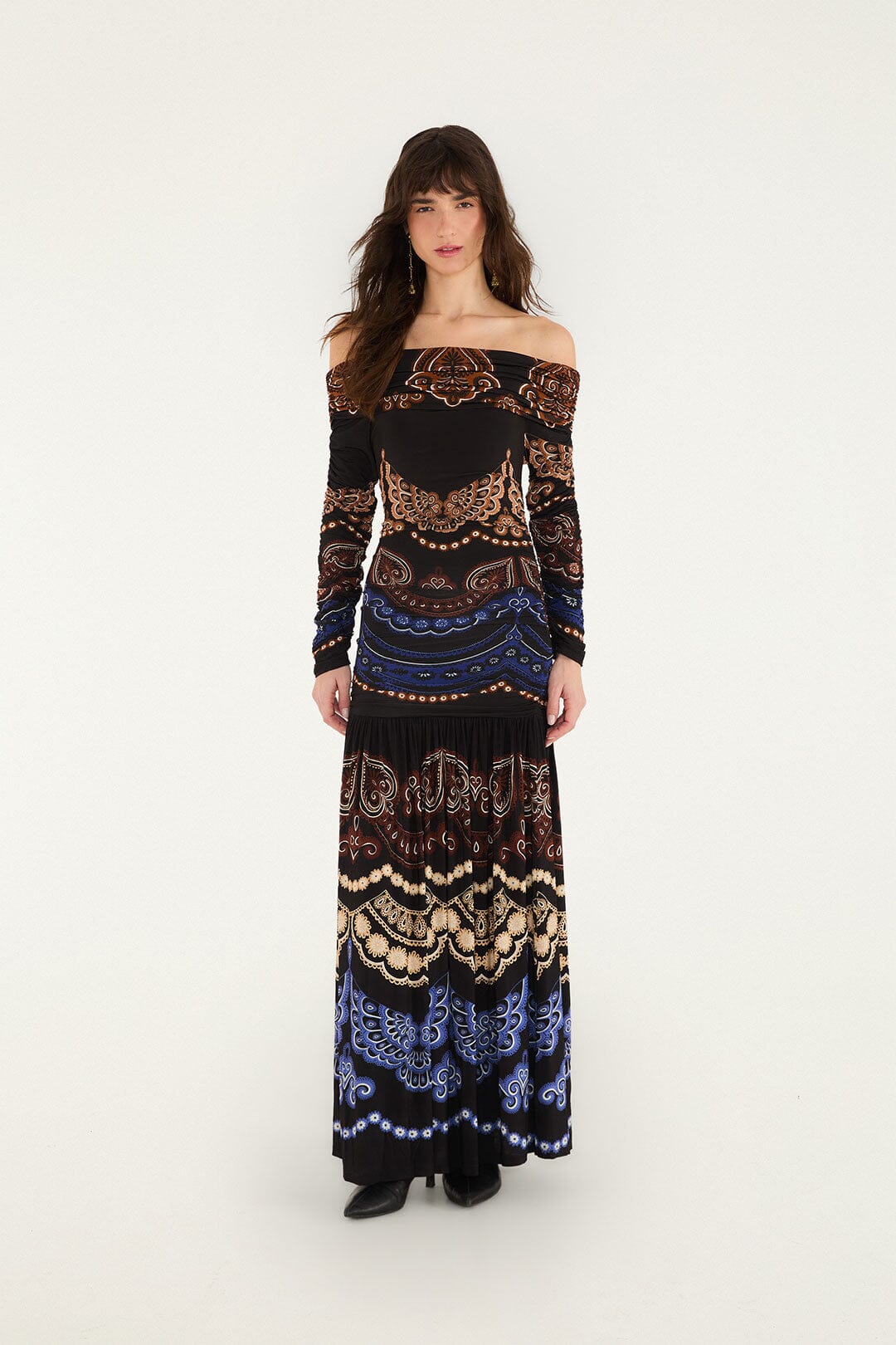 FARM Rio model wearing the Nicole Long Sleeve Strapless Maxi Dress