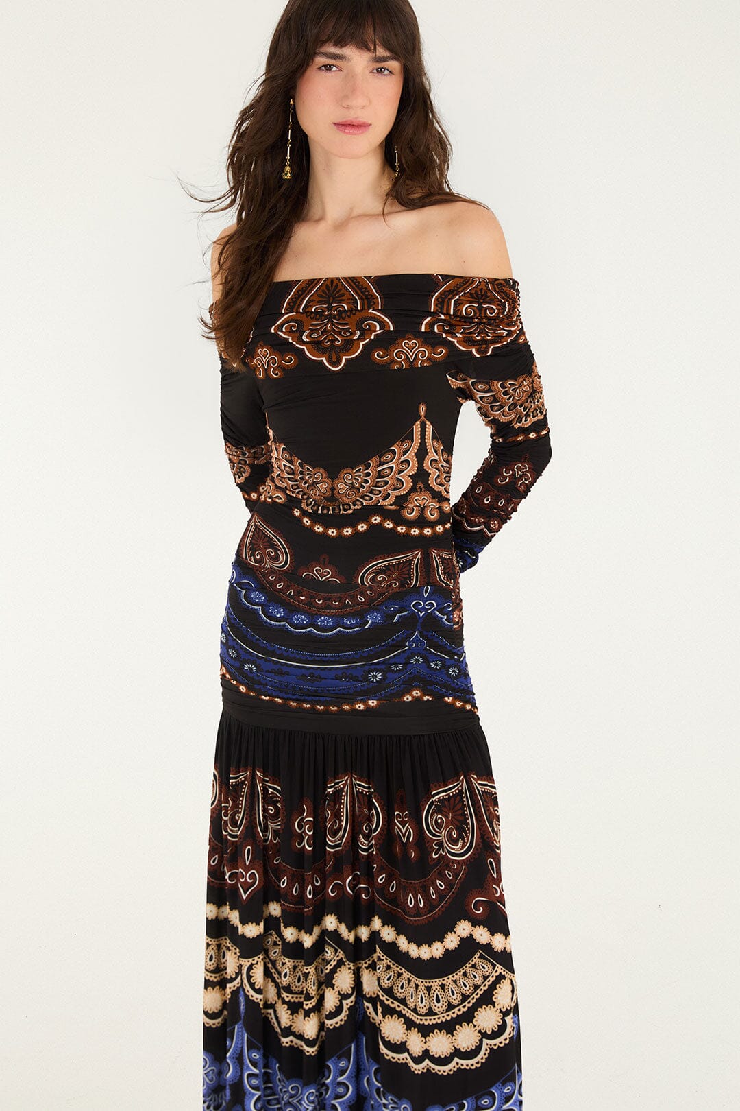 FARM Rio model wearing the Nicole Long Sleeve Strapless Maxi Dress