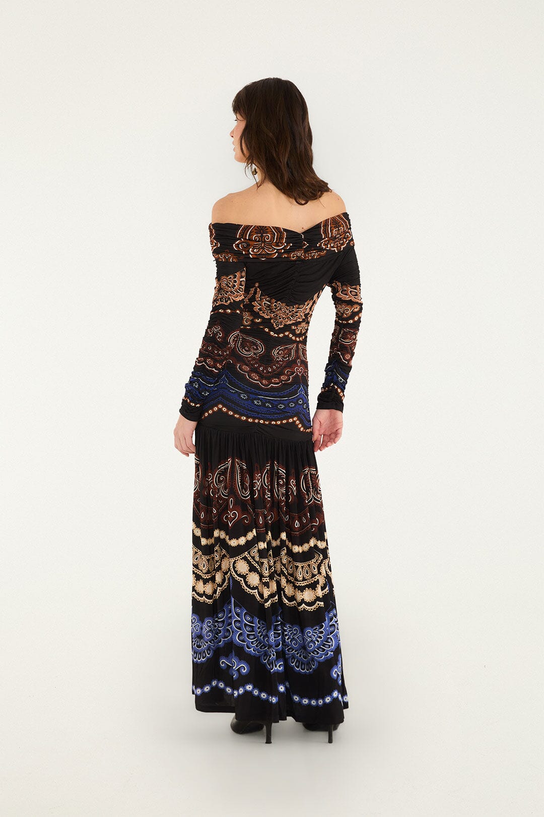 FARM Rio model wearing the Nicole Long Sleeve Strapless Maxi Dress