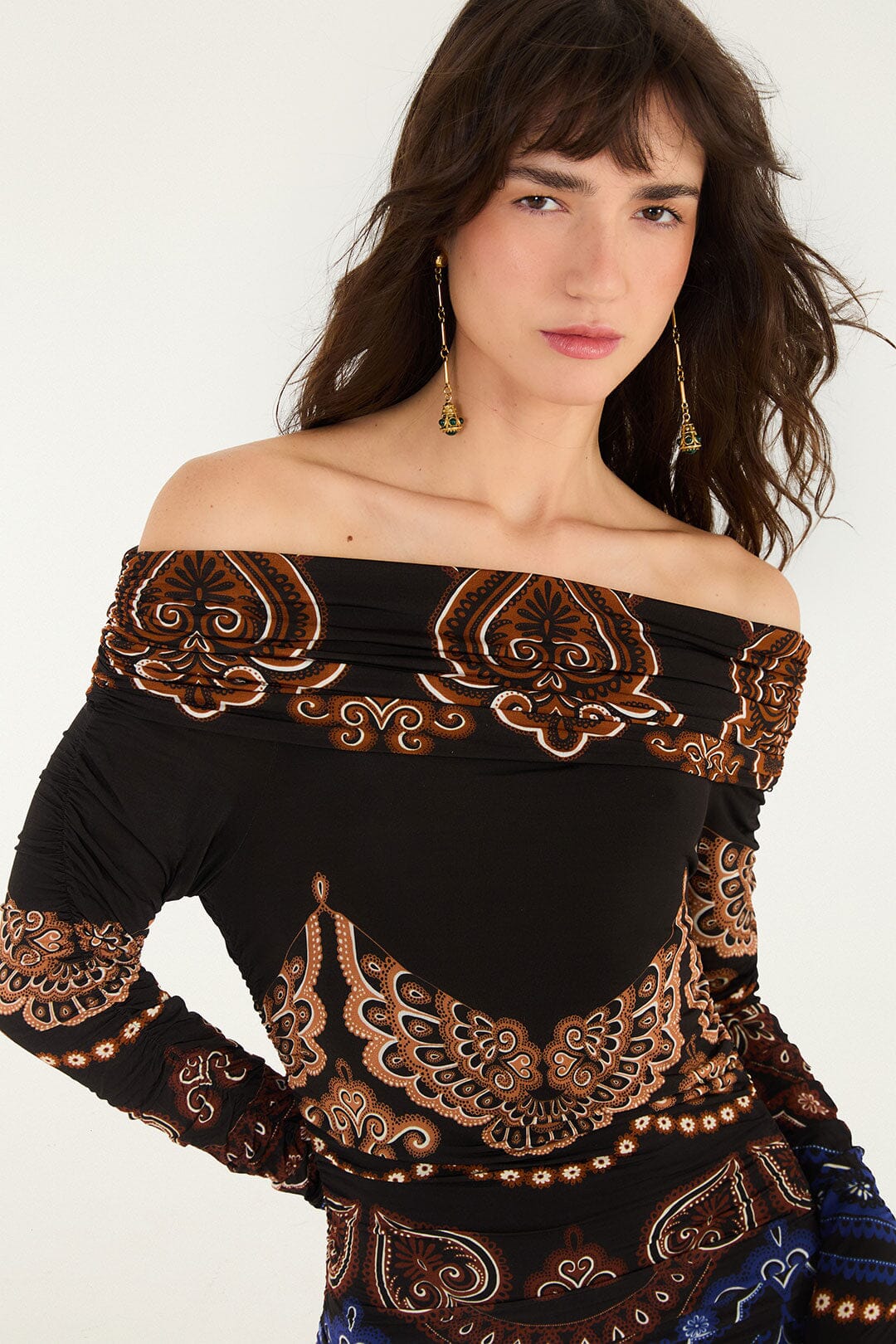 FARM Rio model wearing the Nicole Long Sleeve Strapless Maxi Dress