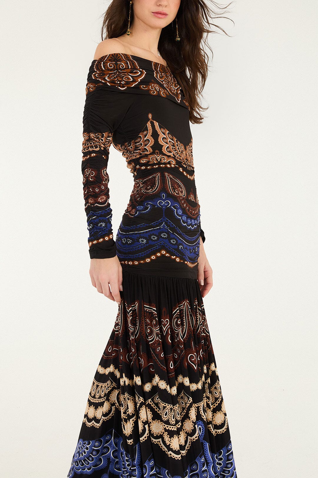 FARM Rio model wearing the Nicole Long Sleeve Strapless Maxi Dress