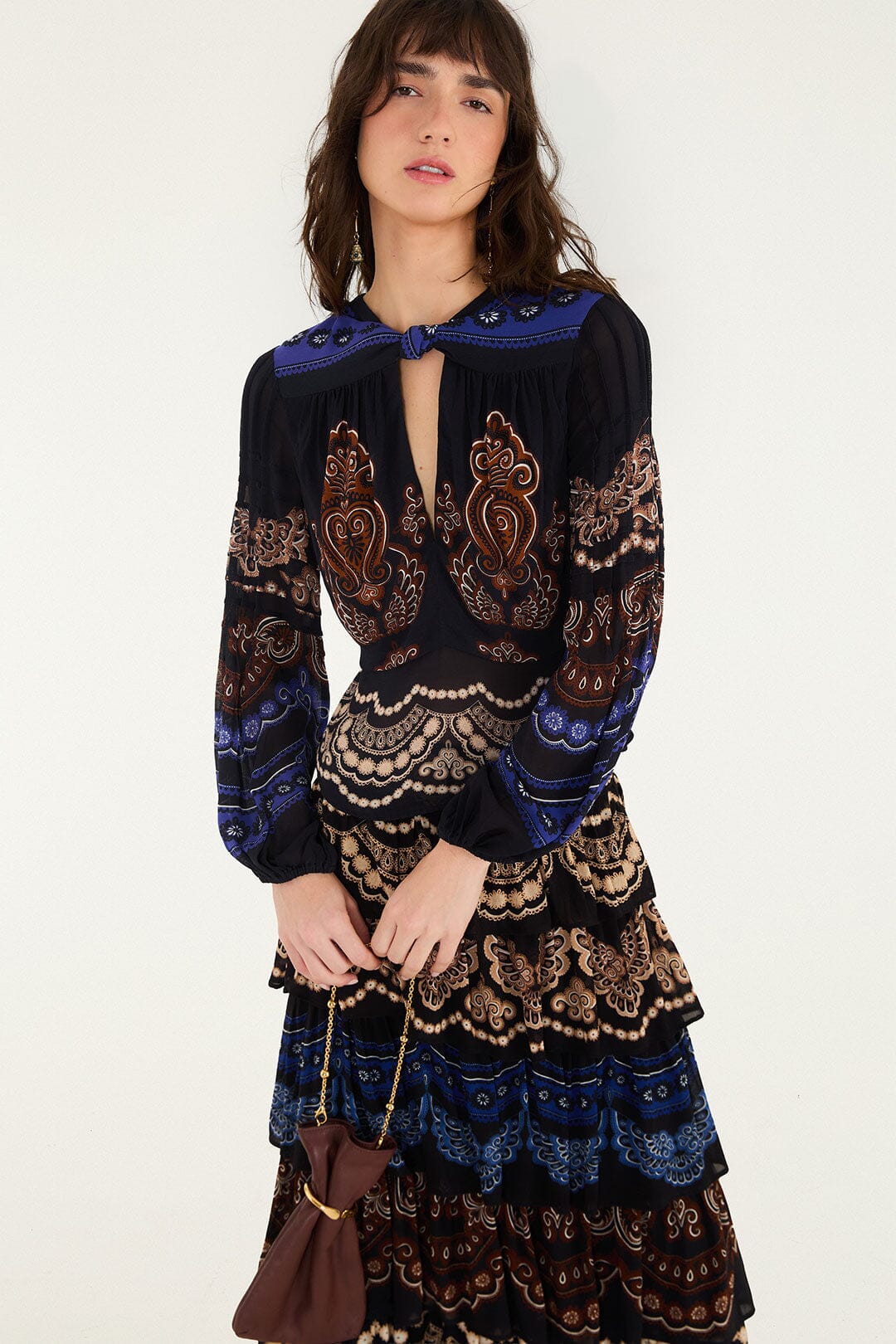 FARM Rio model wearing the Nicole Pleated Blouse