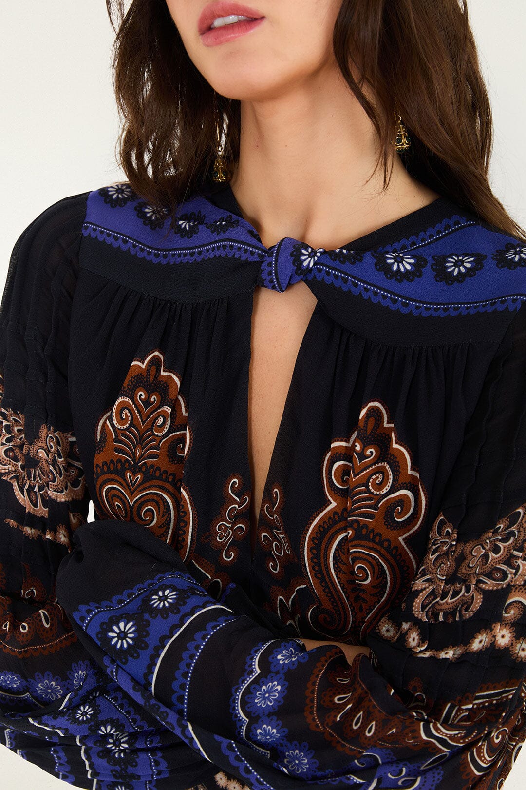 FARM Rio model wearing the Nicole Pleated Blouse