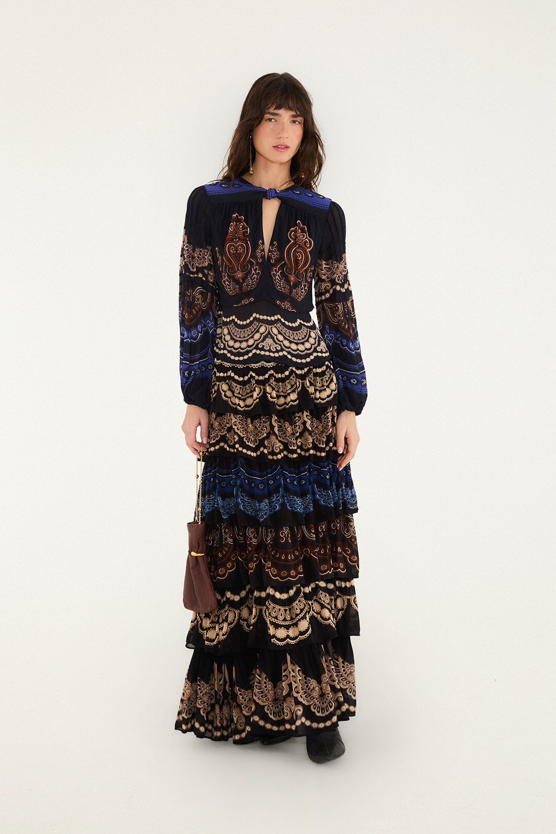 FARM Rio model wearing the Nicole Ruffled Maxi Skirt