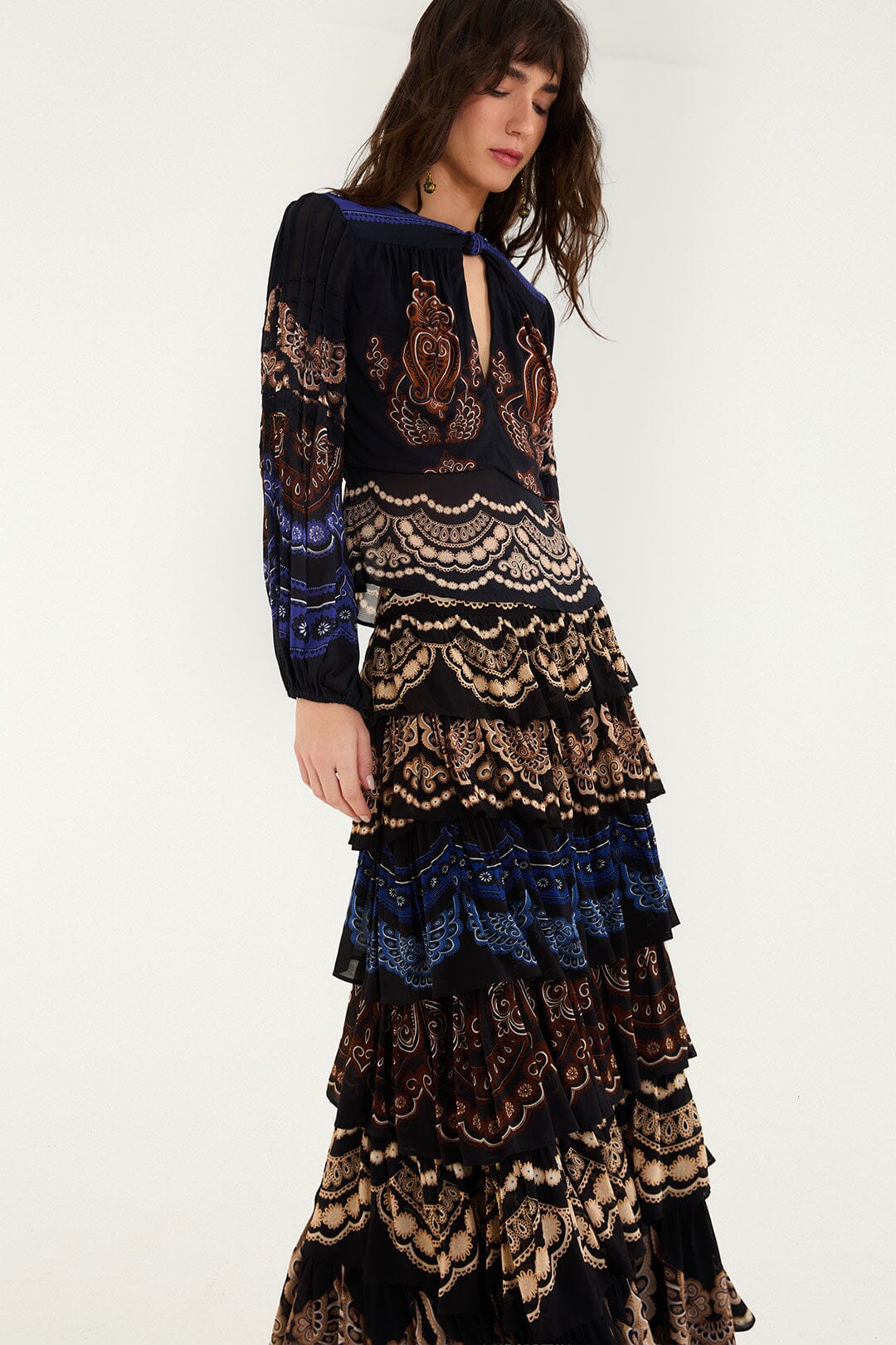 FARM Rio model wearing the Nicole Ruffled Maxi Skirt