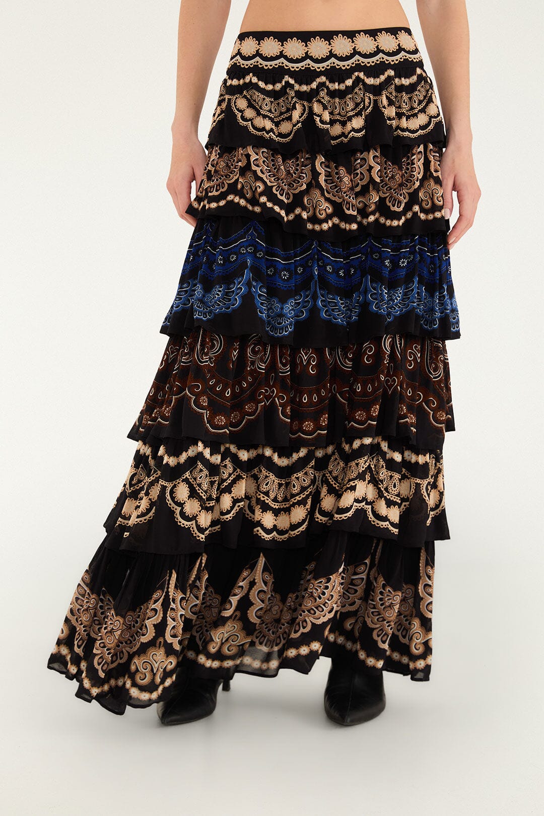 FARM Rio model wearing the Nicole Ruffled Maxi Skirt
