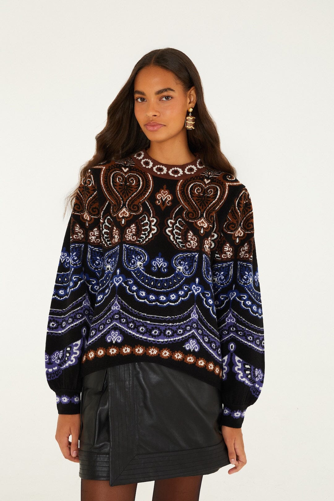FARM Rio model wearing the Nicole Scarf Puff Sleeve Knit Sweater