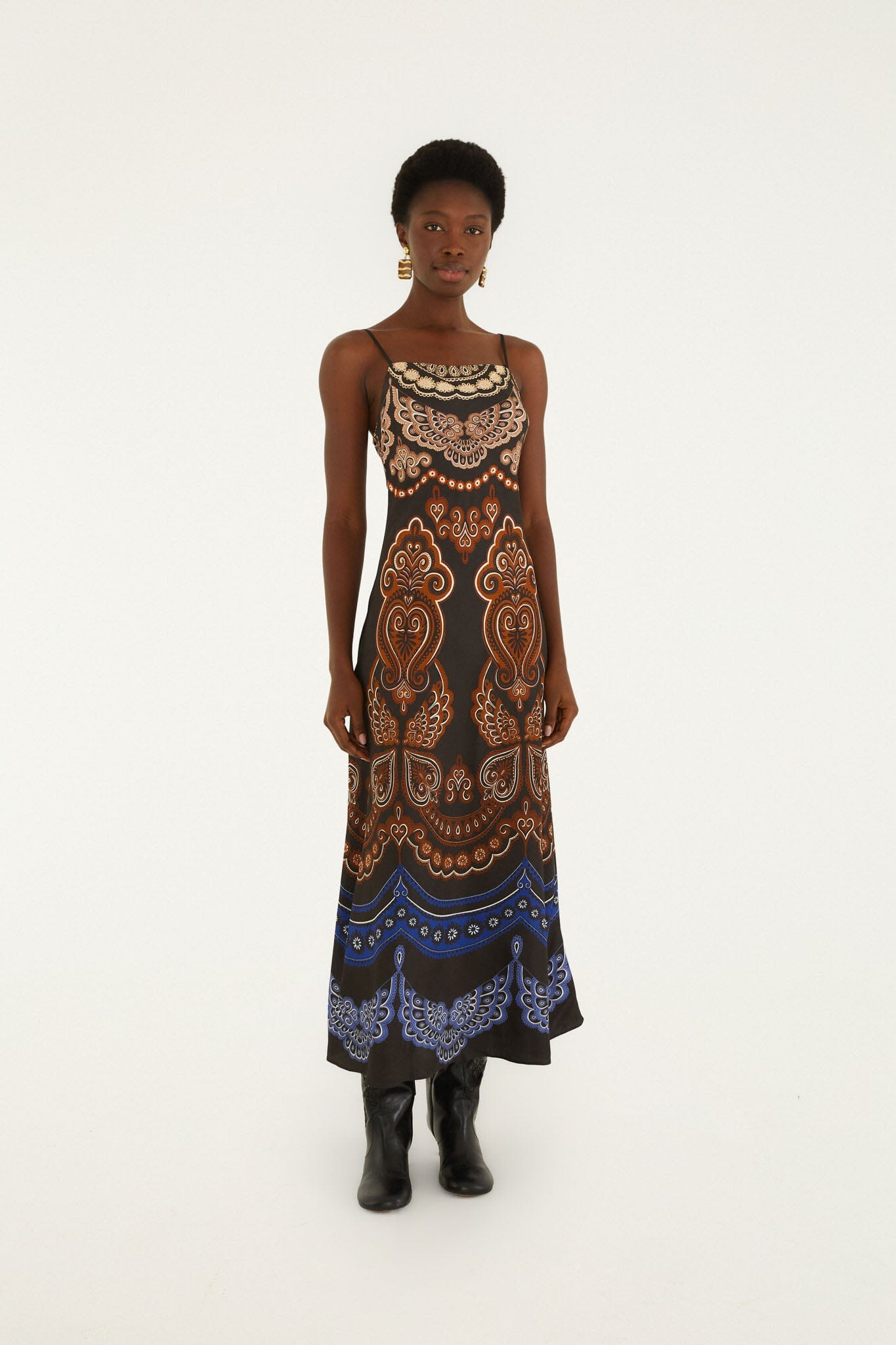 FARM Rio model wearing the Nicole Sleeveless Slip Maxi Dress