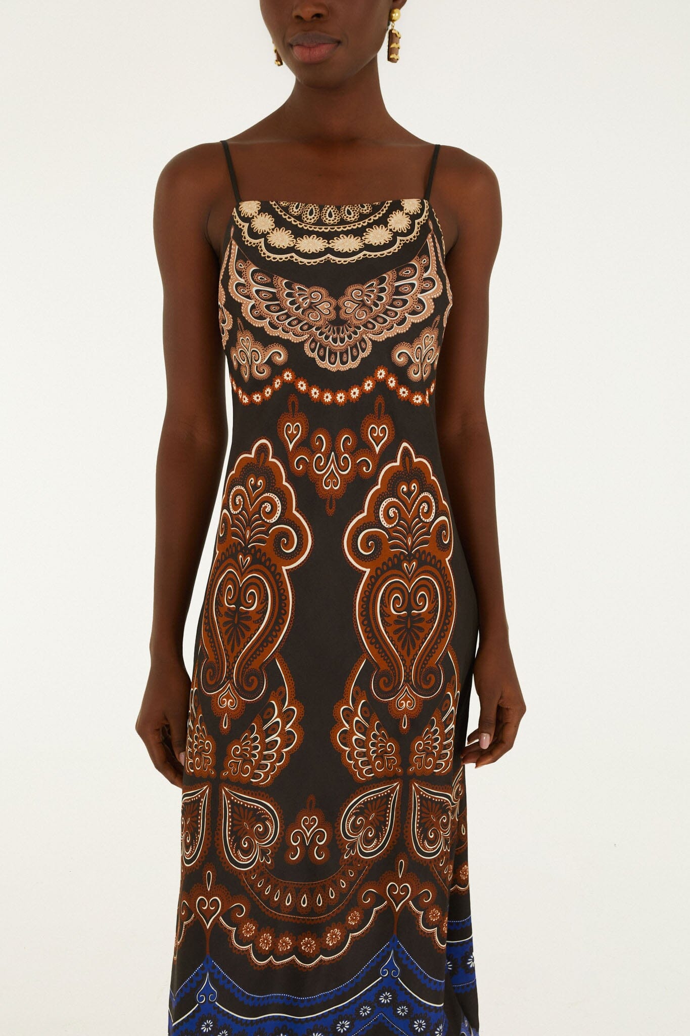 FARM Rio model wearing the Nicole Sleeveless Slip Maxi Dress