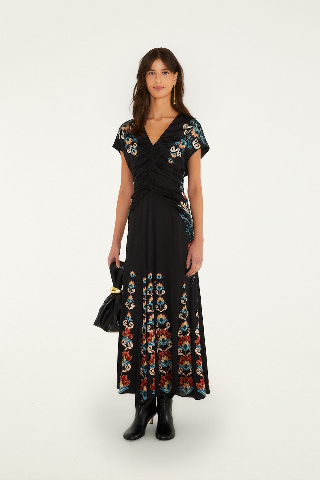 FARM Rio model wearing the Nikita Winter Short Sleeve Ruched Maxi Dress