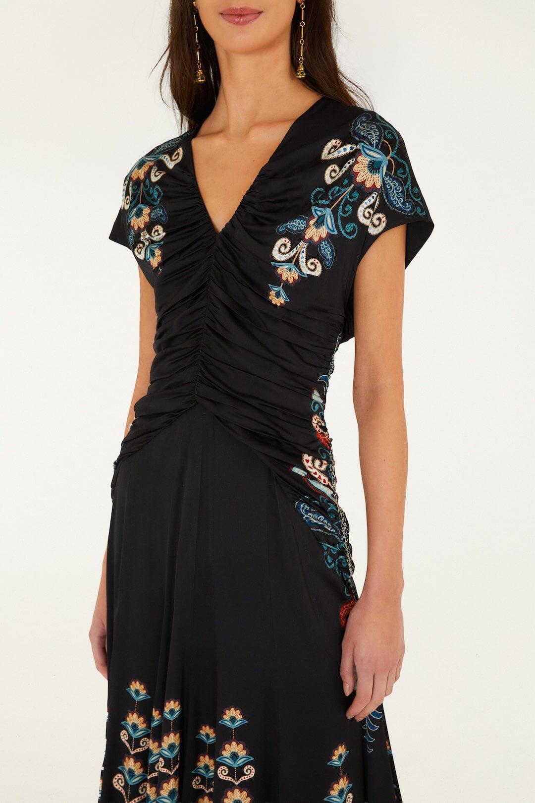 FARM Rio model wearing the Nikita Winter Short Sleeve Ruched Maxi Dress