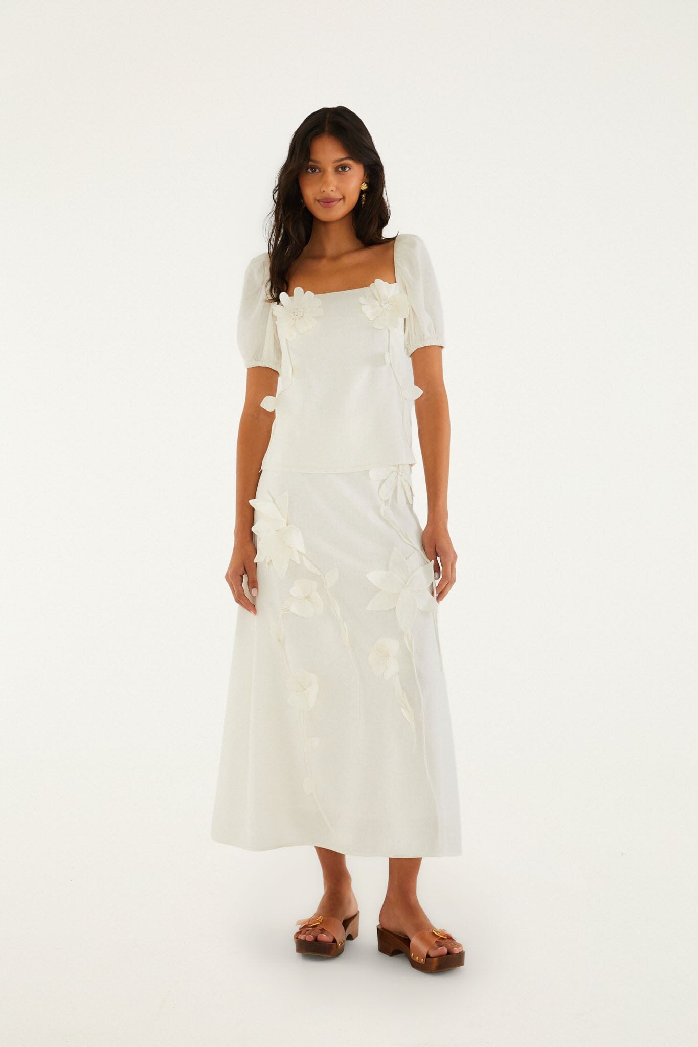 FARM Rio model wearing the Off-White 3d Flowers Midi Skirt