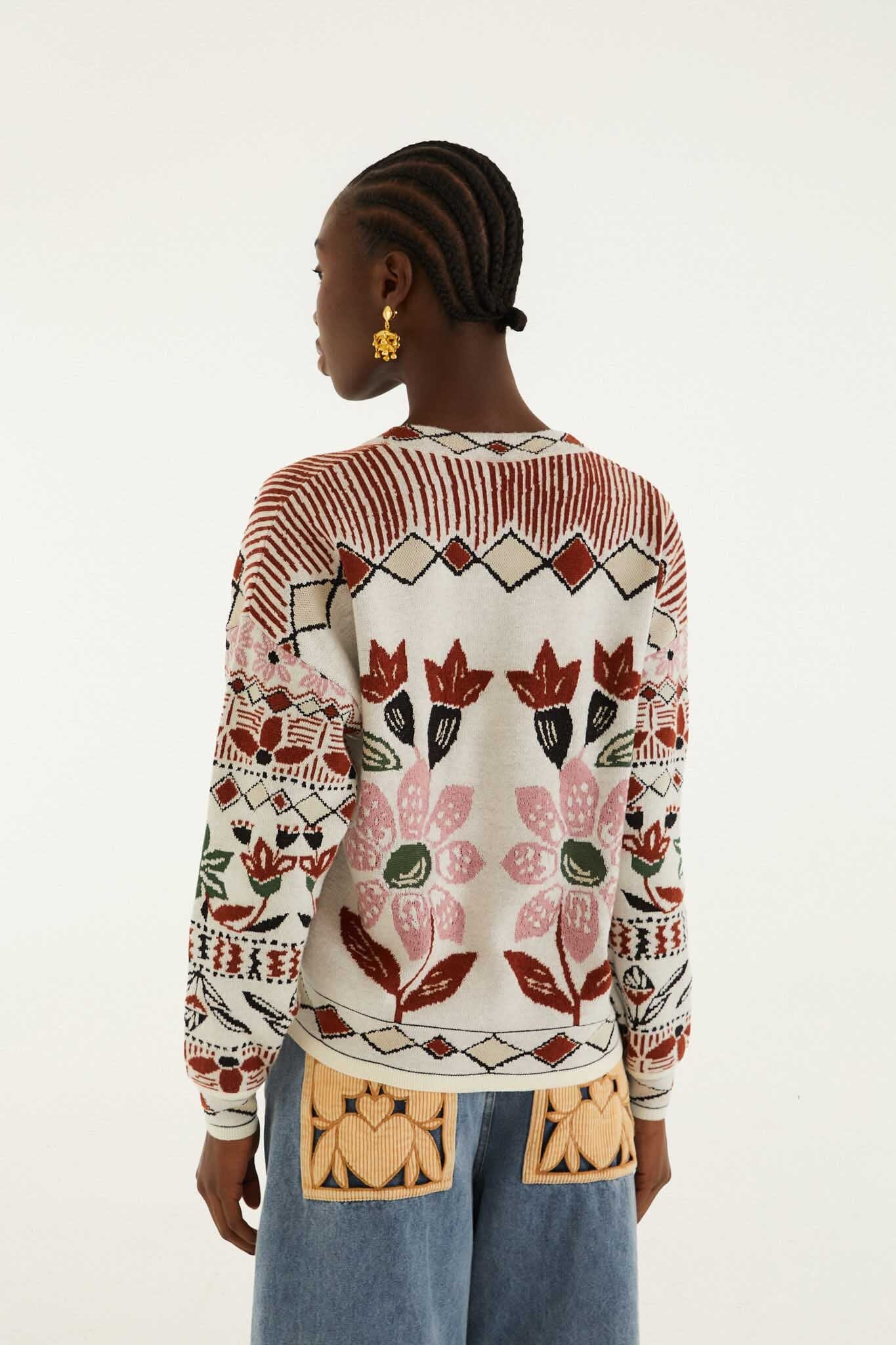 FARM Rio model wearing the Off-White Ainika Embroidered Flower Knit Cardigan