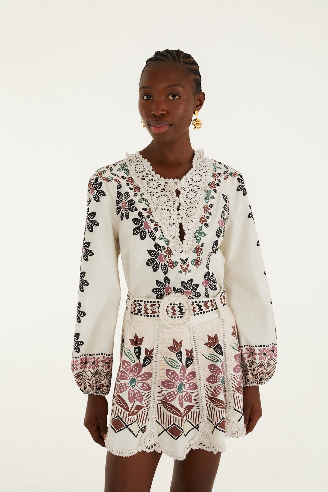 FARM Rio model wearing the Off-White Ainika Rustic Flowers Crochet Detail Mini Skirt