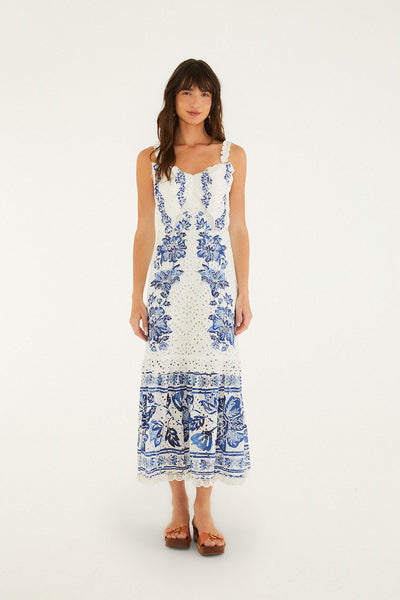 Off-White Beautiful Nature Eyelet Midi Dress | FARM Rio Off-White Beautiful Nature Eyelet Midi Dress | FARM Rio